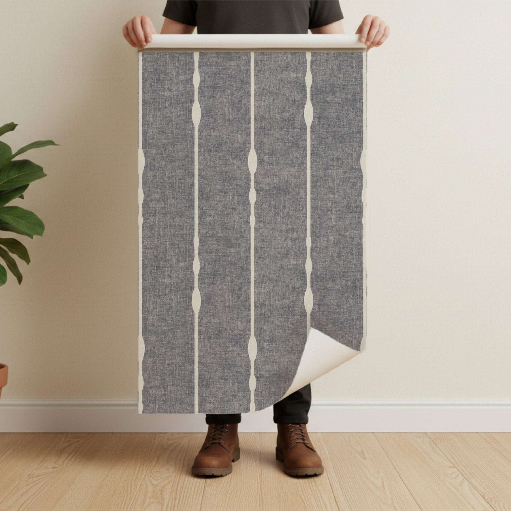 Vertical striped wallpaper sample with beaded motif on gray ground and light vertical stripes