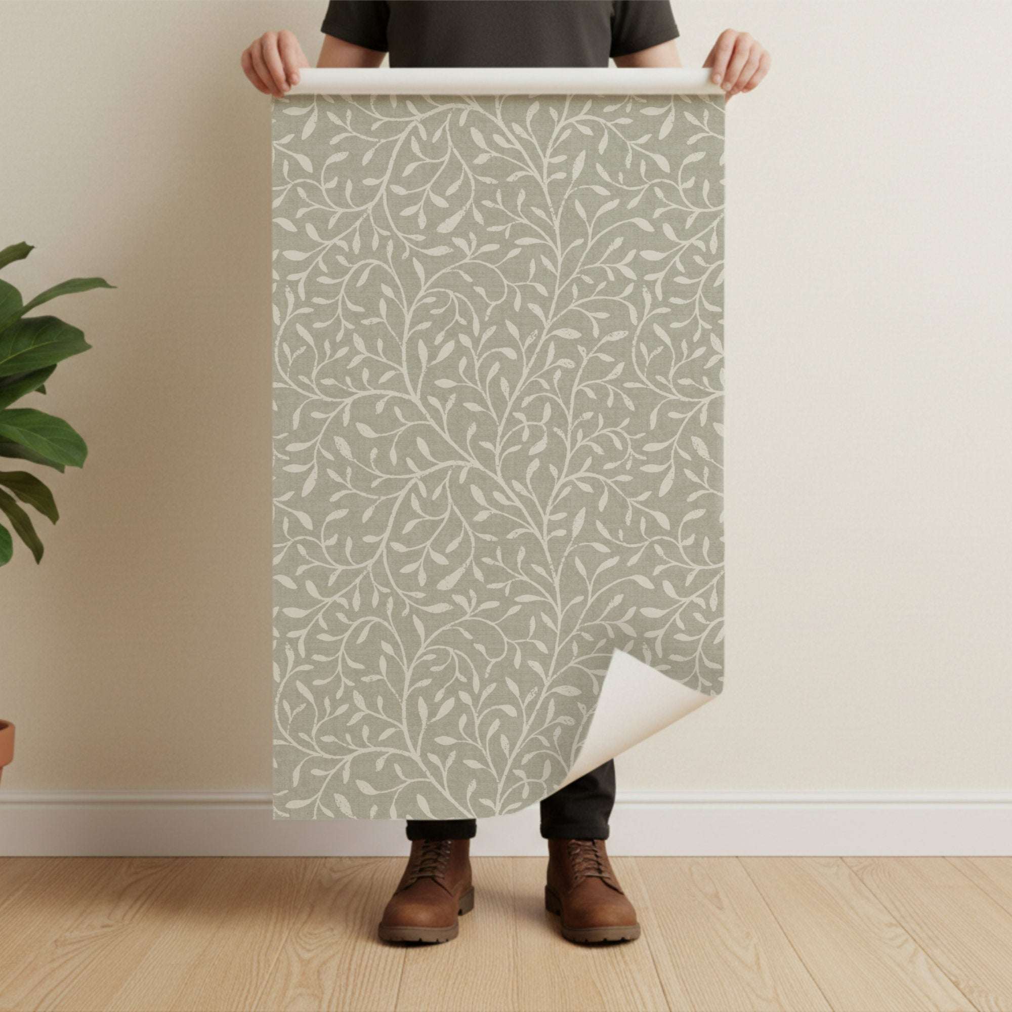 Botanical leaf silhouette wallpaper sheet with white vine pattern on light gray background