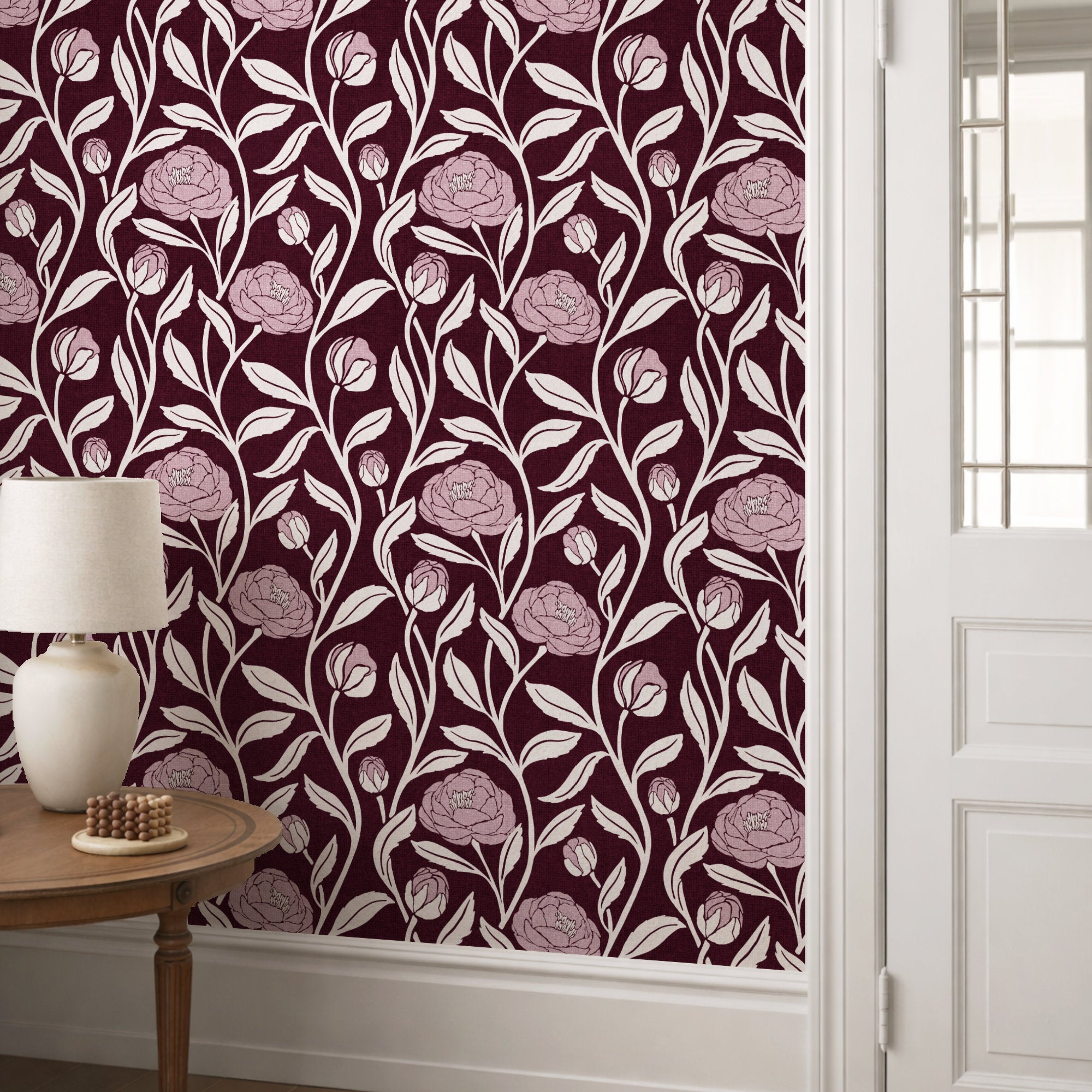 Plum peony flower wallpaper in a hallway, pale peonies on a deep wine ground