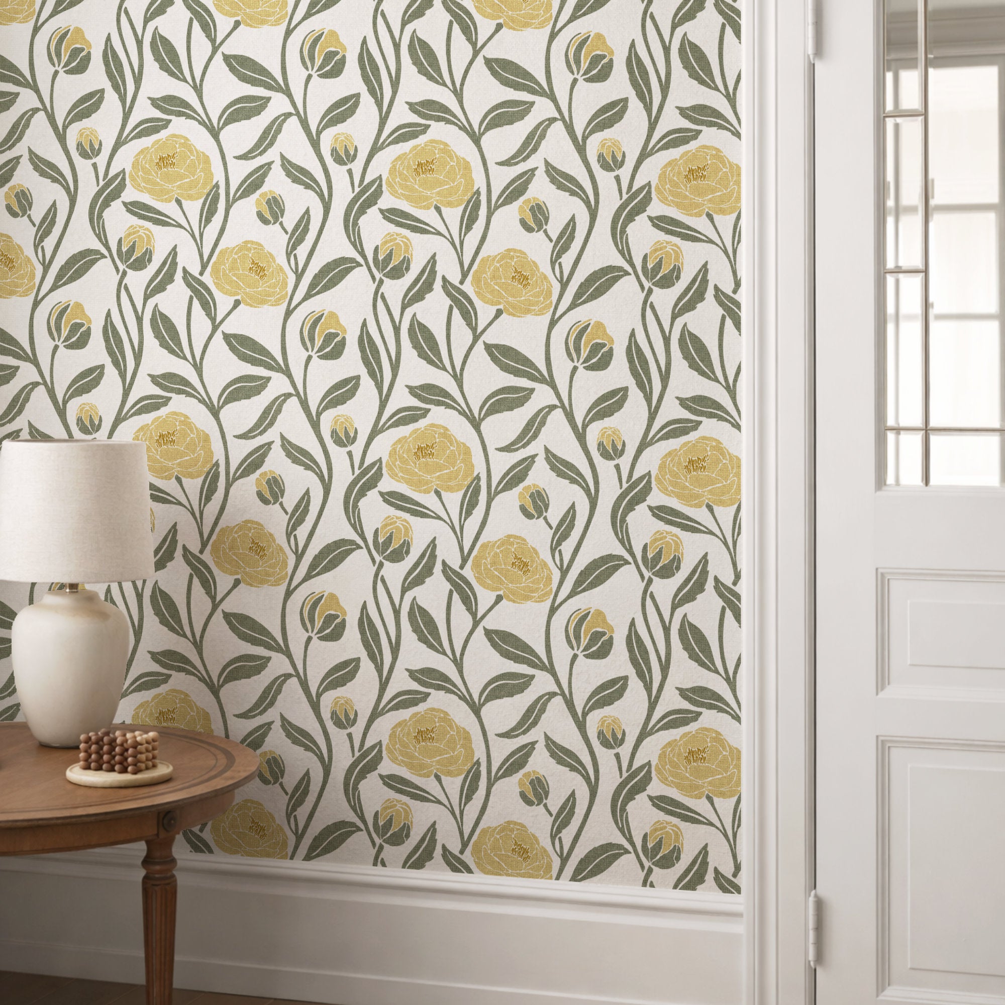 Mustard peony flower wallpaper in a hallway, golden peonies with sage leaves on cream