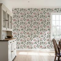 Pink and Green Floral Vine Wallpaper – English cottage floral wallpaper in bright country kitchen
