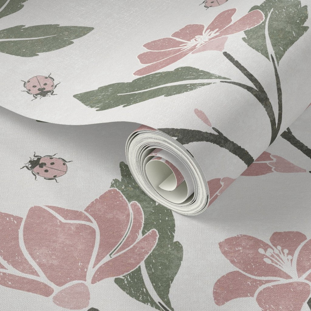 Pink and Green Floral Vine Wallpaper – close-up of floral cottage wallpaper showing vine detail and texture