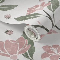 Pink and Green Floral Vine Wallpaper – close-up of floral cottage wallpaper showing vine detail and texture