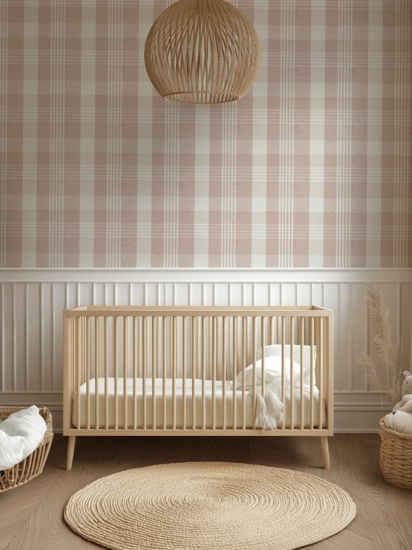 Pink plaid wallpaper with a soft modern check design in a nursery, featuring a natural wood cot and round jute rug for a cosy baby’s room