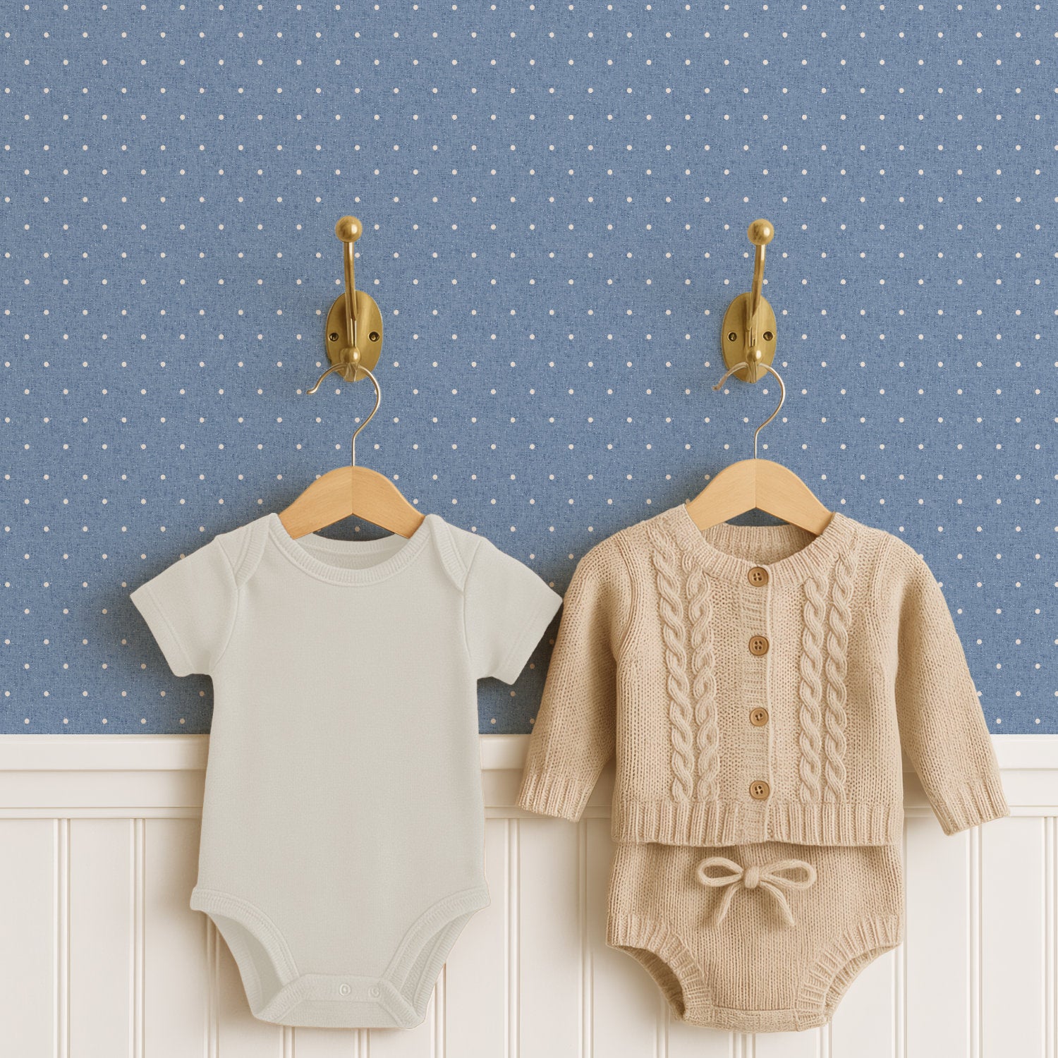 A pale cream baby bodysuit and an oatmeal cable-knit cardigan with matching knitted shorts hang from two brass hooks on wooden hangers, above white panelled wainscoting. Behind them, denim blue polka dot wallpaper carries small cream dots on a linen-look ground.