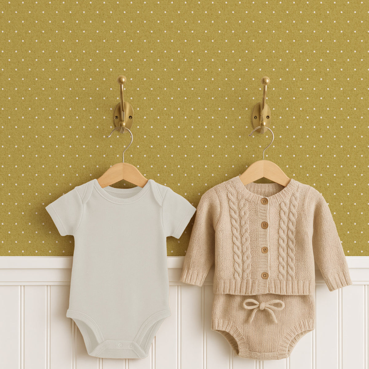 A pale cream baby bodysuit and an oatmeal cable-knit cardigan with matching knitted shorts hang on wooden hangers from two brass hooks, above white panelled wainscoting. The wall behind is ochre yellow polka dot wallpaper covered in small cream dots.