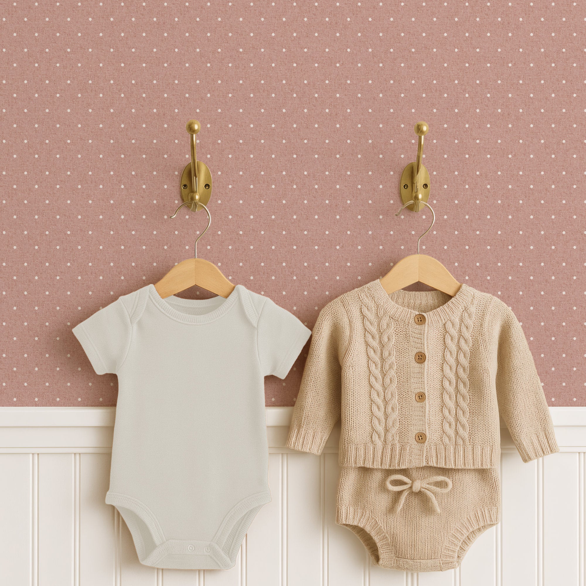 A pale cream baby bodysuit and an oatmeal cable-knit cardigan with matching knitted shorts hang on wooden hangers from two brass hooks, above white panelled wainscoting. The wall behind is dusty pink polka dot wallpaper covered in small evenly spaced cream dots.