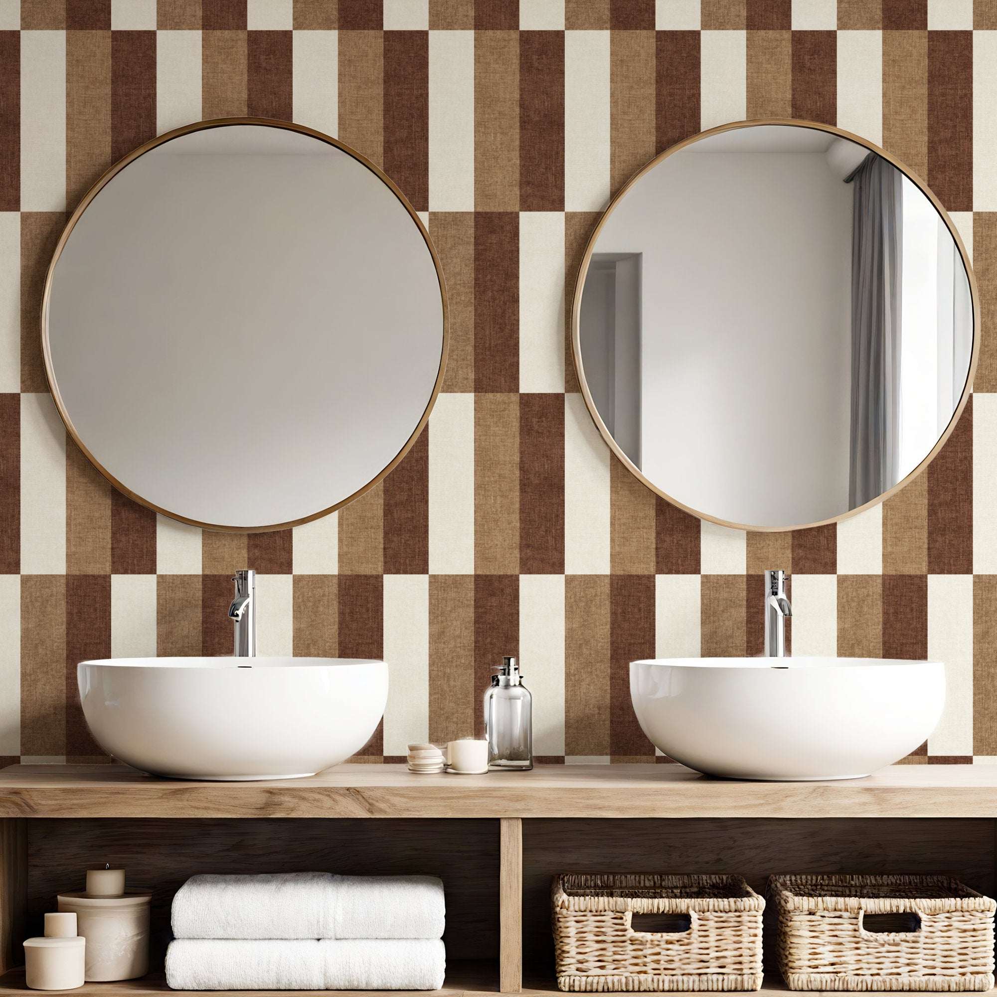 Brown and cream check stripe wallpaper with staggered linen texture blocks