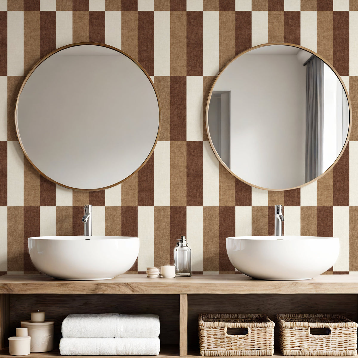 Wide stripe wallpaper in chocolate brown and cream in bathroom with round mirrors