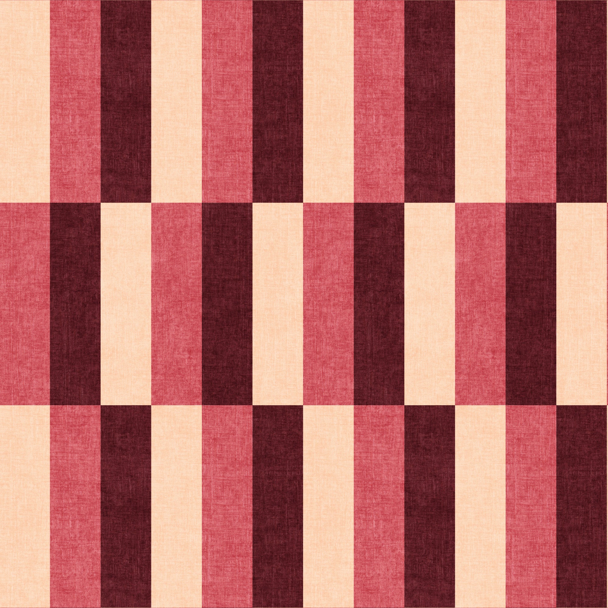 Burgundy and cream staggered stripe wallpaper with linen texture, check pattern