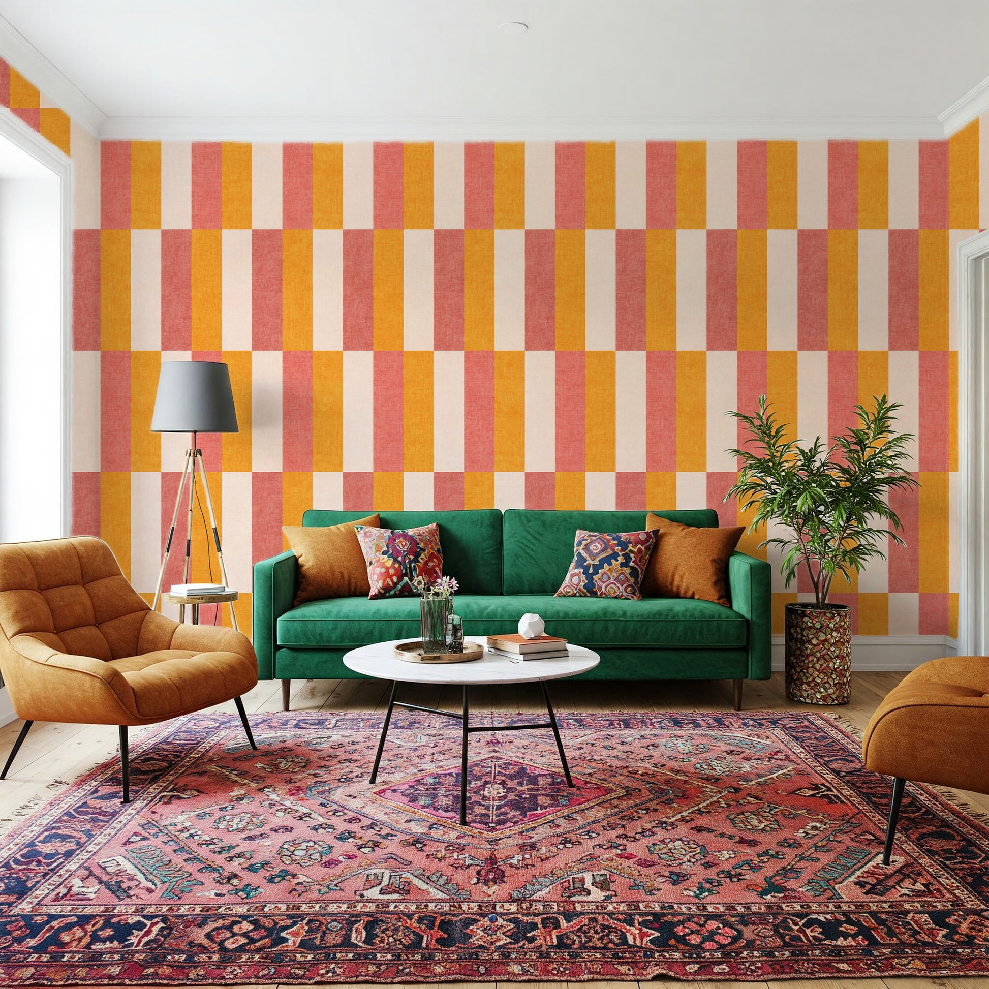Orange and Pink Retro Wide Striped Wallpaper styled in vintage-inspired living room with green sofa
