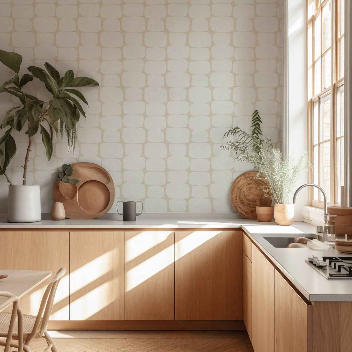 Retro geometric wallpaper in beige neutral, styled in a minimalist kitchen with wood accents.