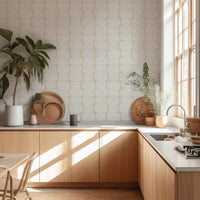 Retro geometric wallpaper in beige neutral, styled in a minimalist kitchen with wood accents.