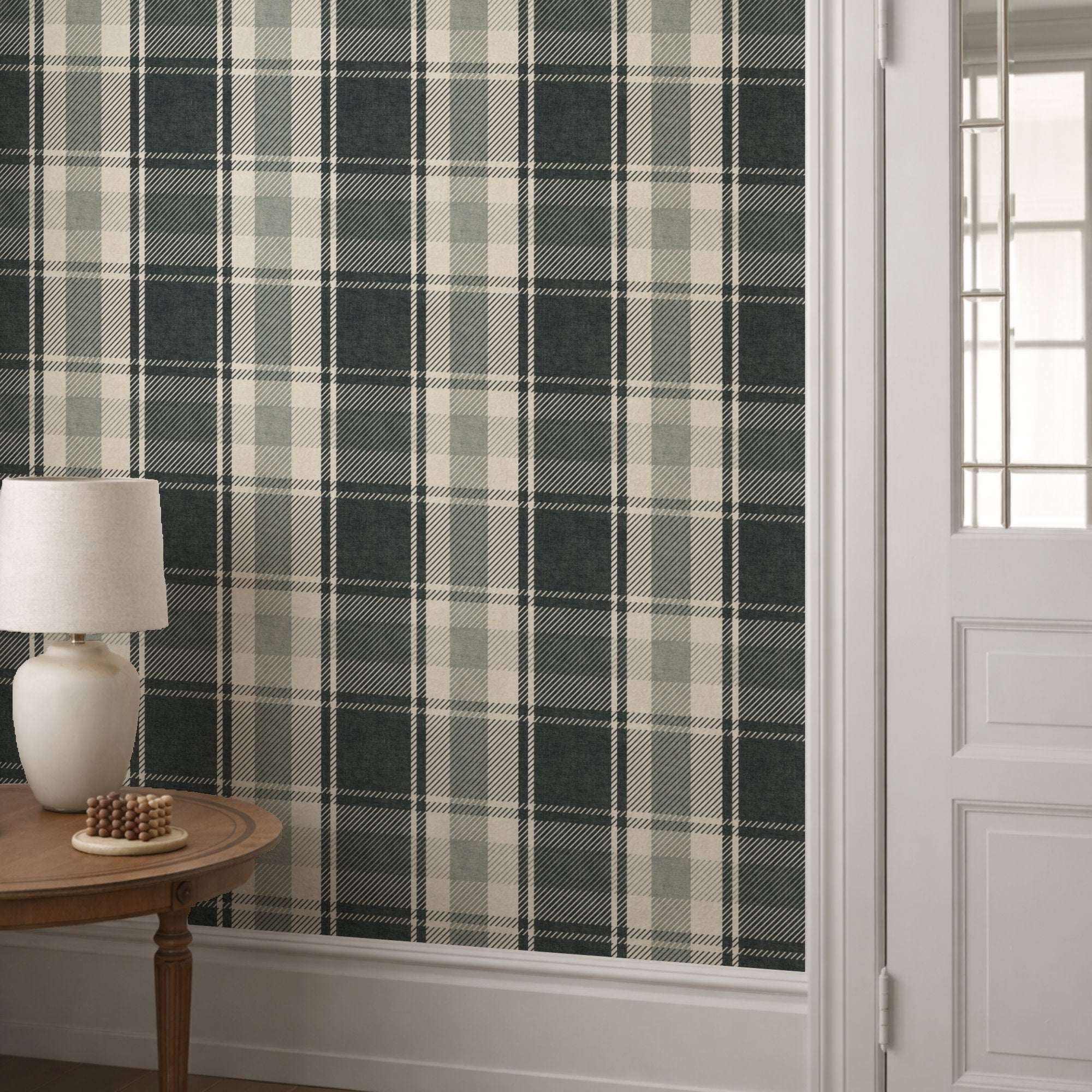 Tartan plaid wallpaper design in dark teal, tan, and cream with narrow vertical stripes