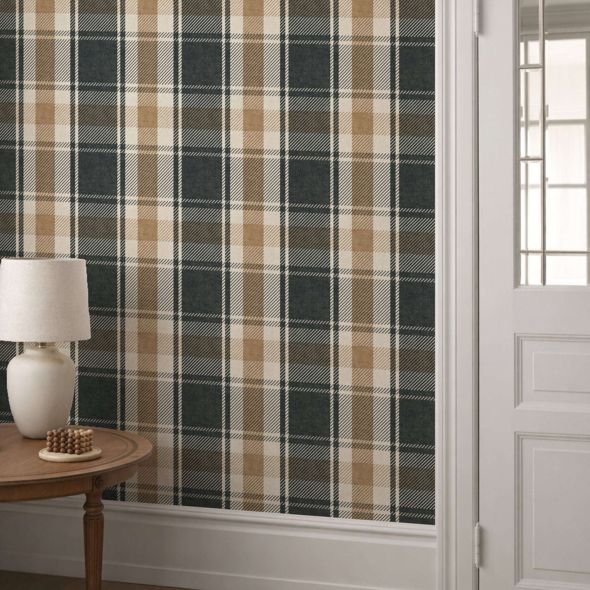 Tartan plaid wallpaper with dark teal, tan, and cream vertical and crosshatch stripes