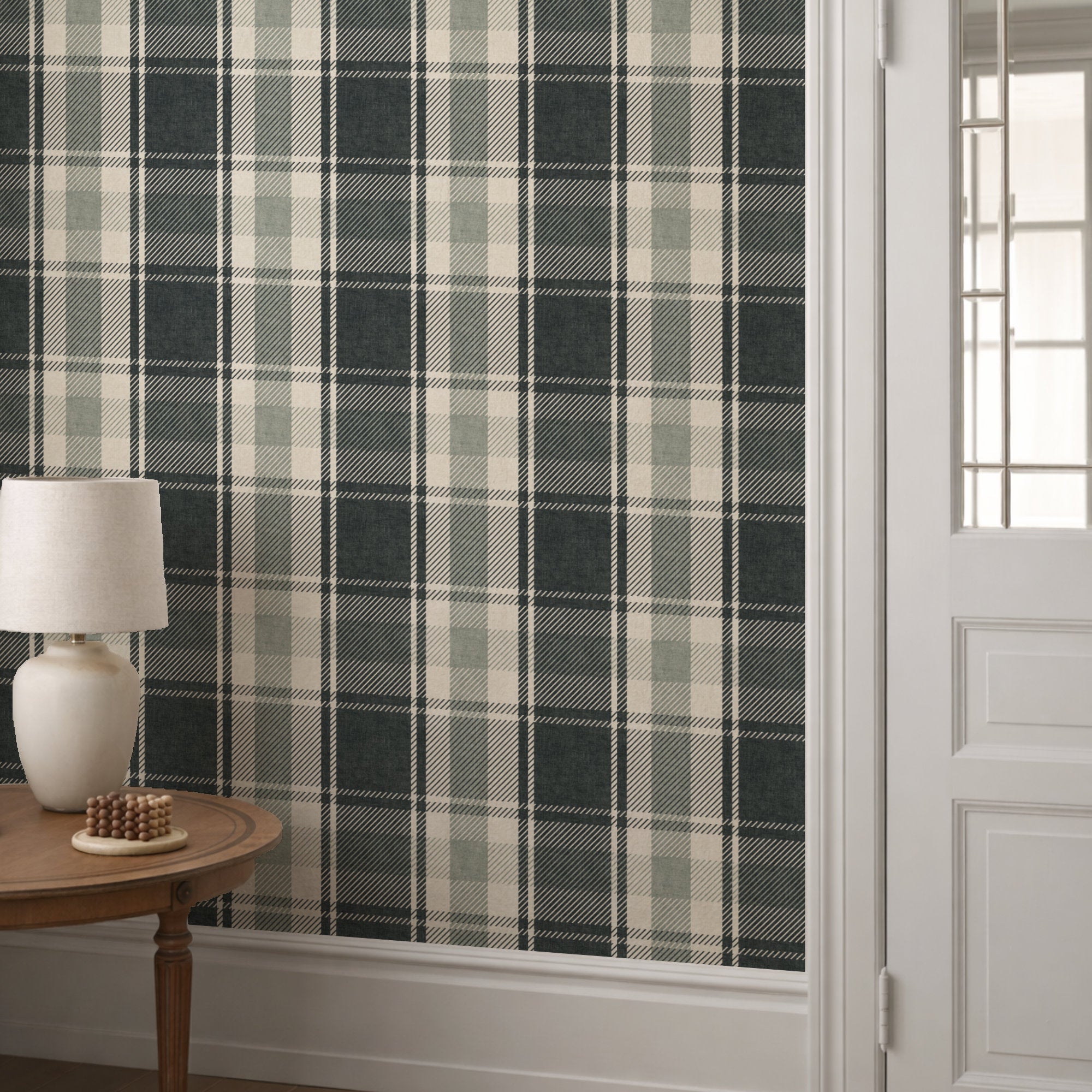 Tartan plaid wallpaper design in dark teal, tan, and cream with narrow vertical stripes