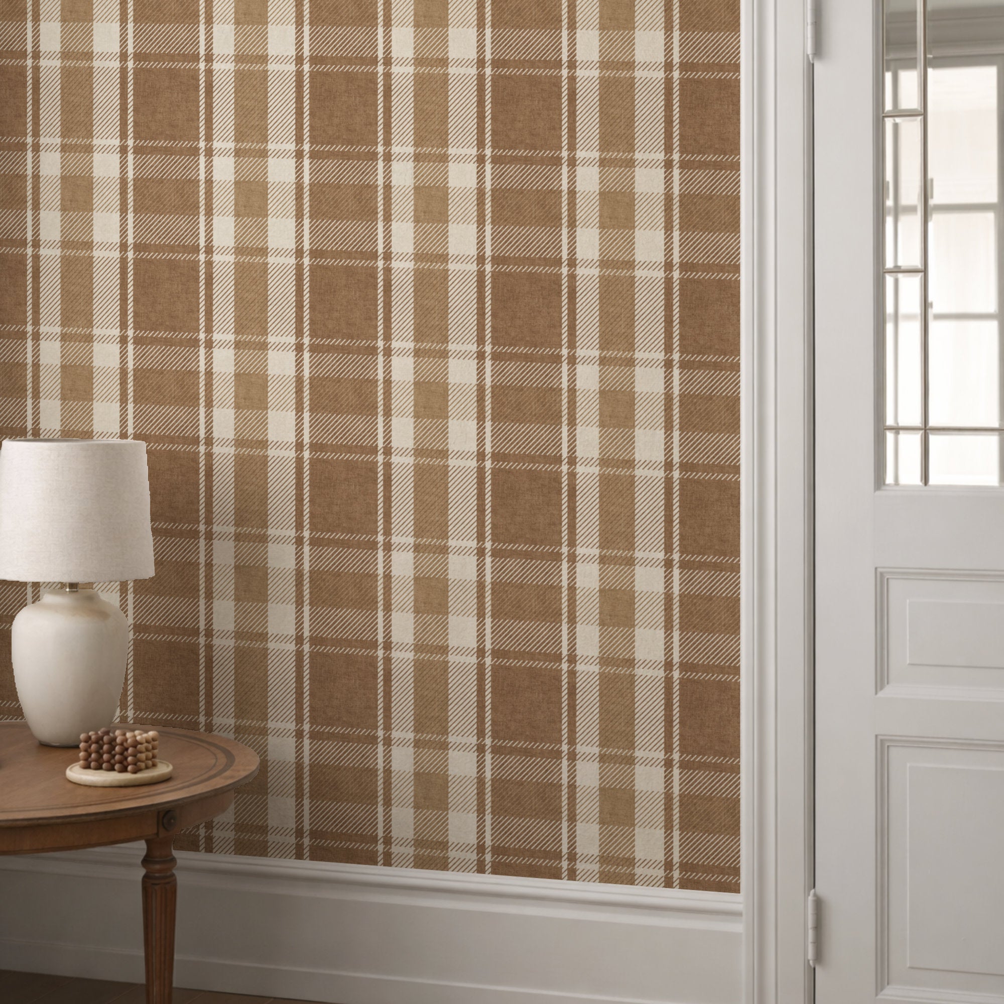 Tartan plaid wallpaper with brown and tan stripes over cream and dark grid lines