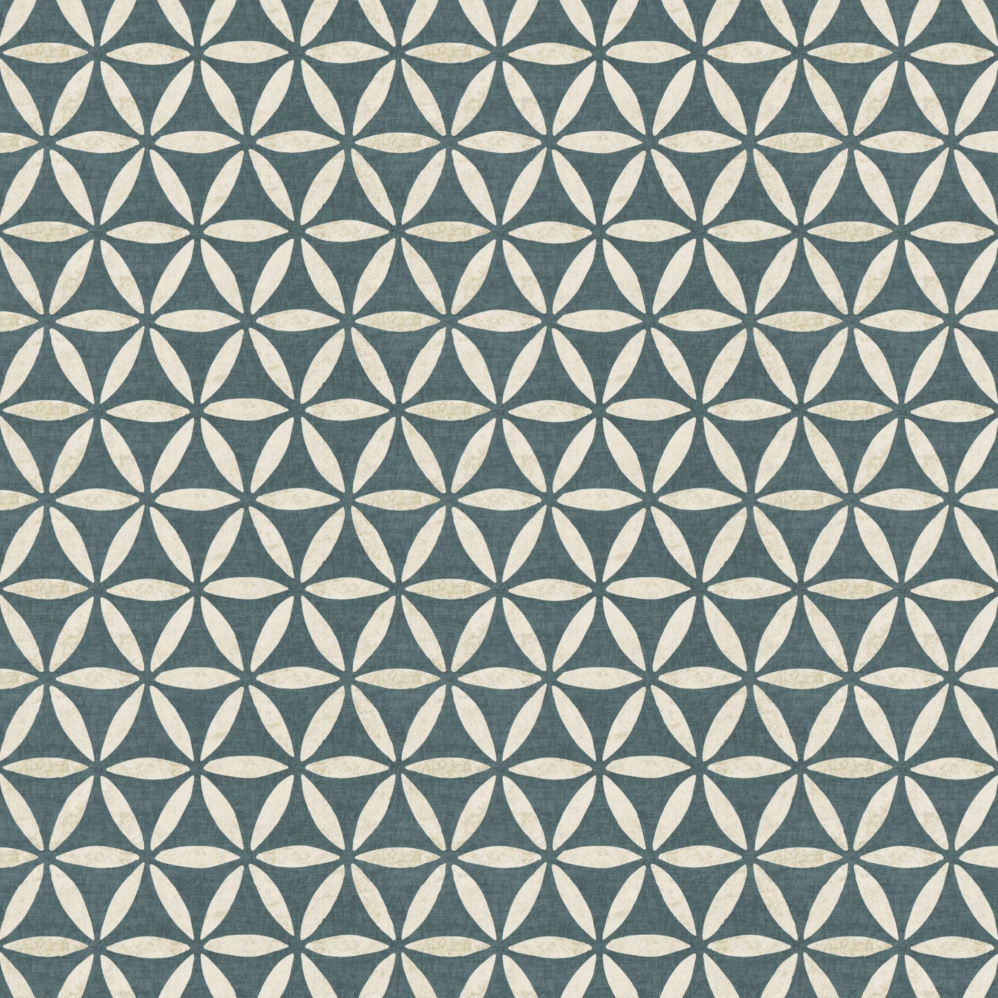 Geometric circle wallpaper, teal and cream linen-like texture with repeating flower-ring pattern