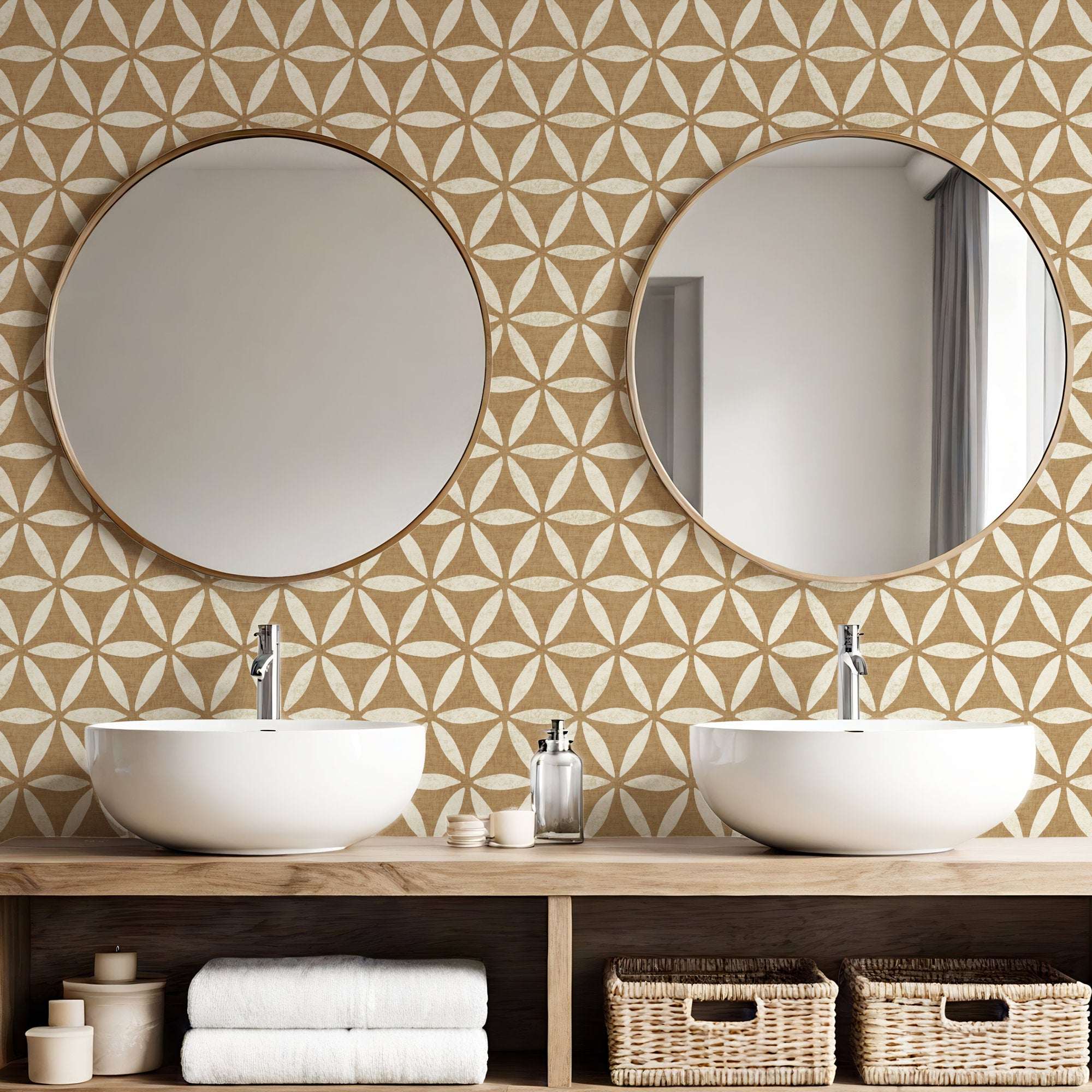 Geometric circle wallpaper on wall, warm beige and cream linen-like texture repeating ring motif