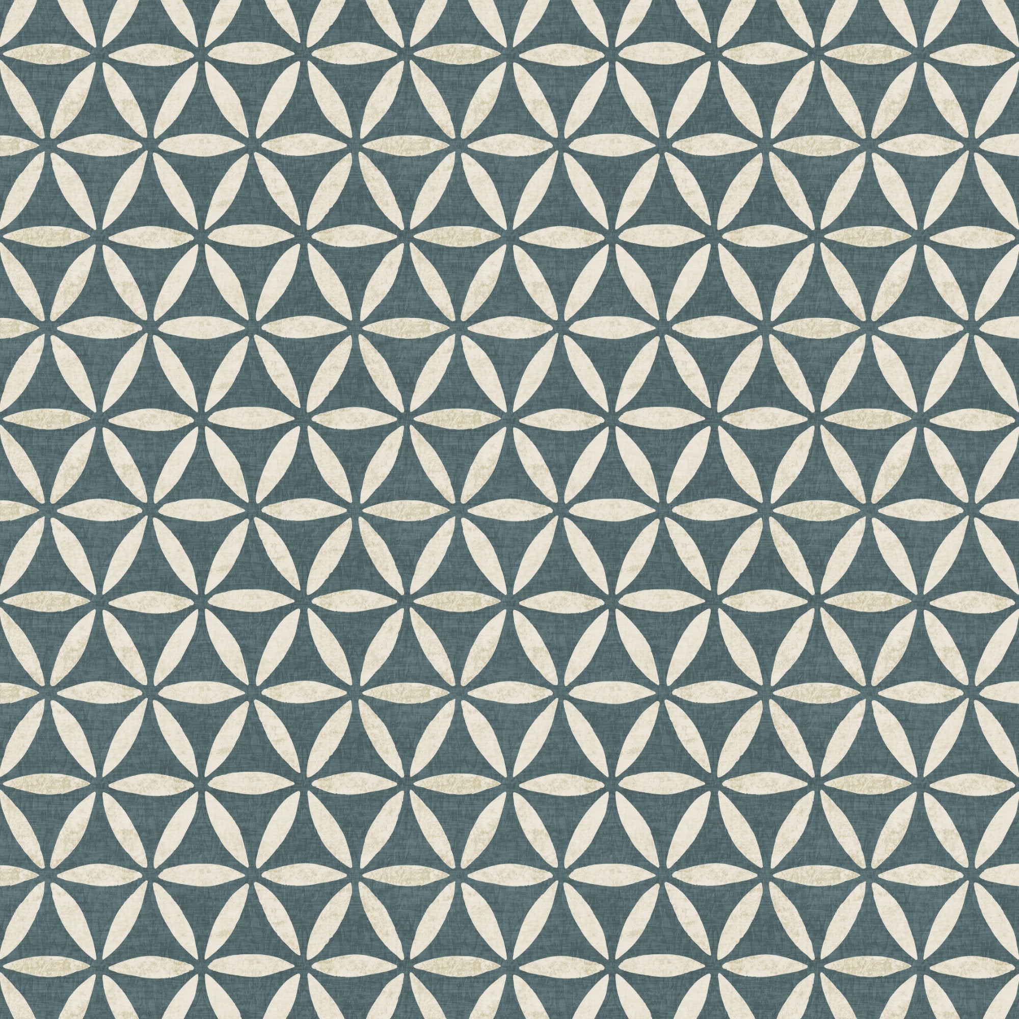 Geometric circle wallpaper, teal and cream linen-like texture with repeating flower-ring pattern