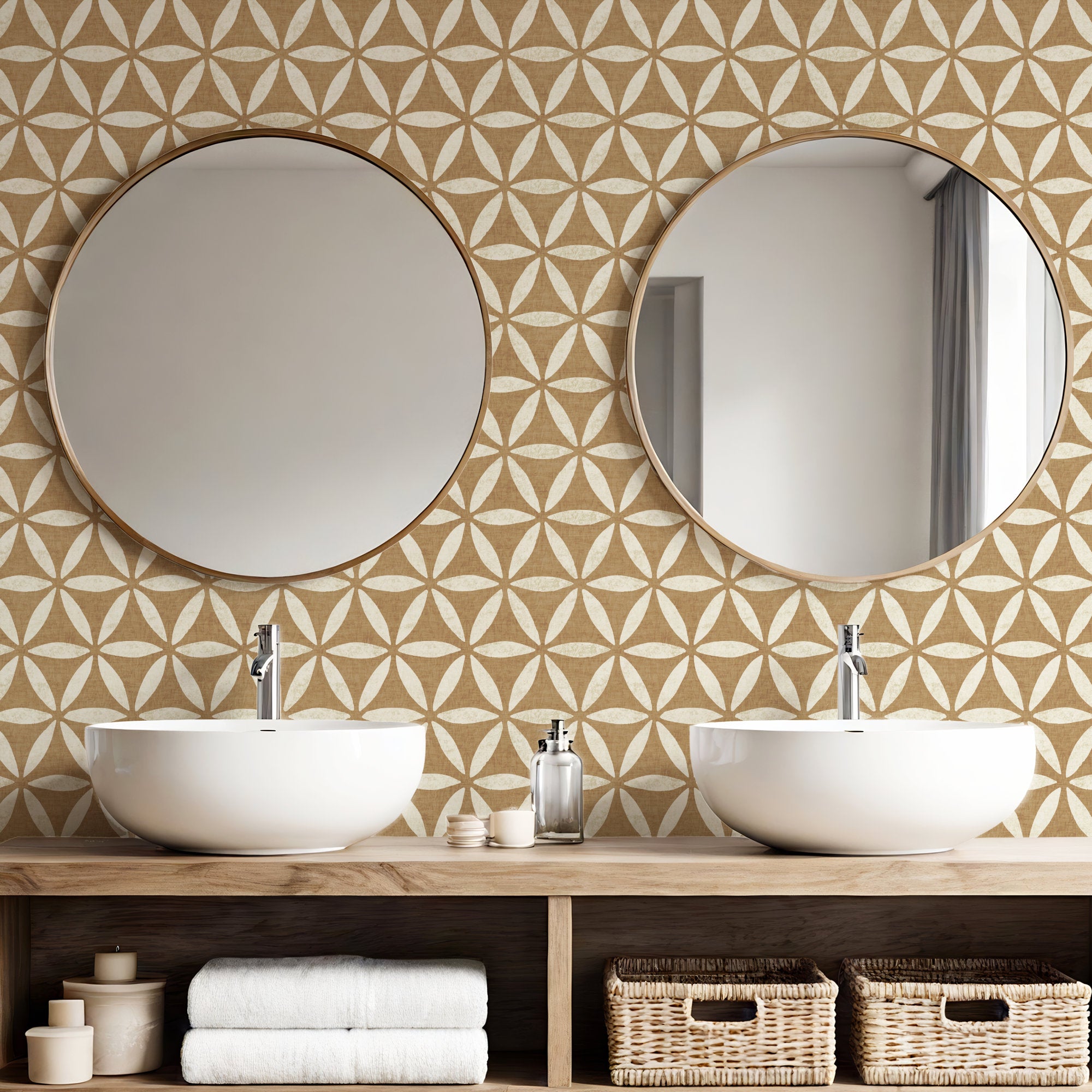 Geometric circle wallpaper on wall, warm beige and cream linen-like texture repeating ring motif