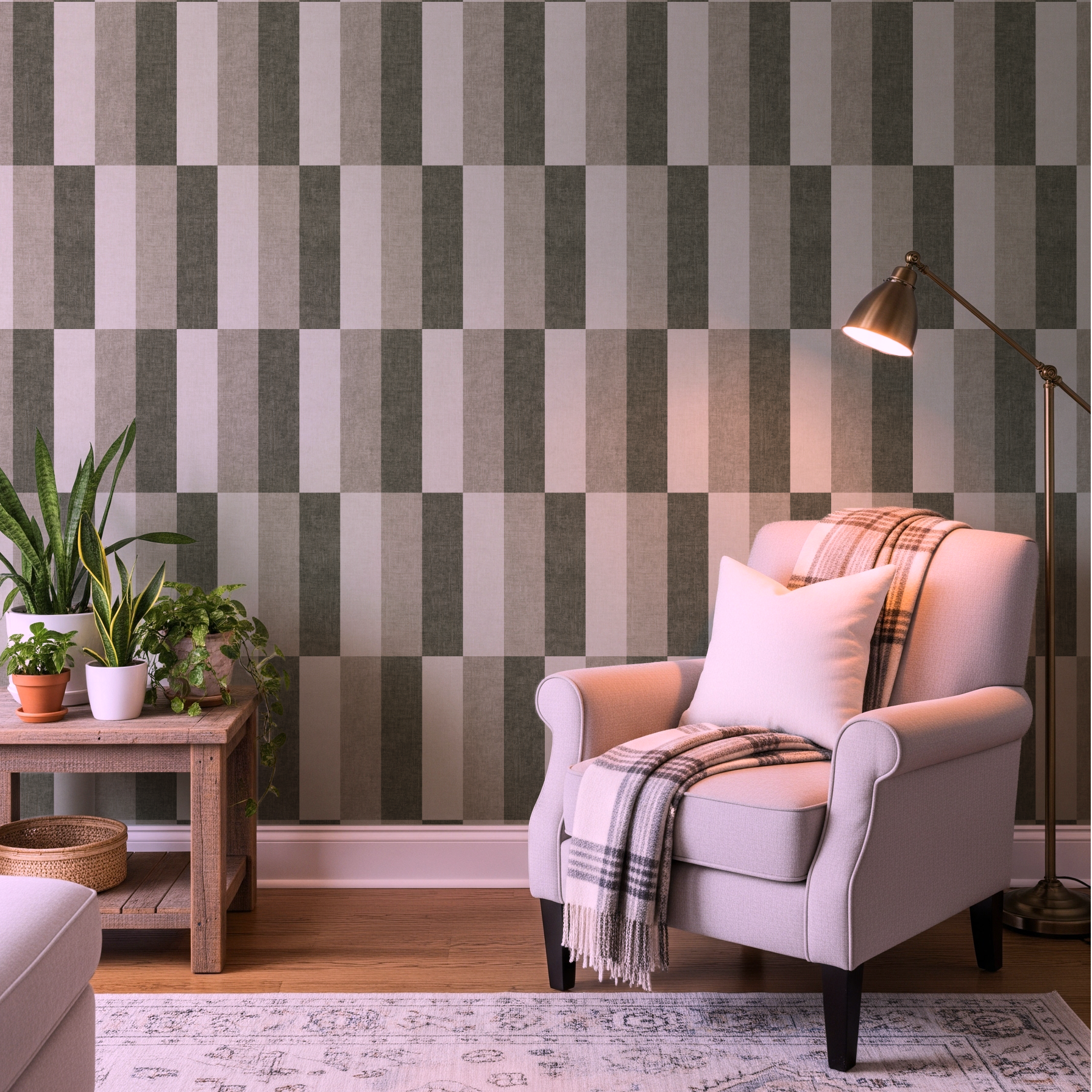 Sage & Green Retro Wide Striped Wallpaper styled in cosy living room with armchair and floor lamp