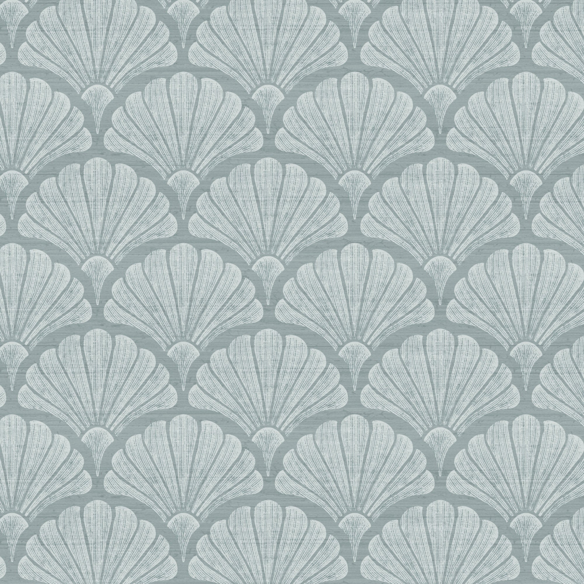 A close-up of light blue scallop shell wallpaper, its hand-drawn fan shells picked out in fine linen-textured lines on a soft blue ground