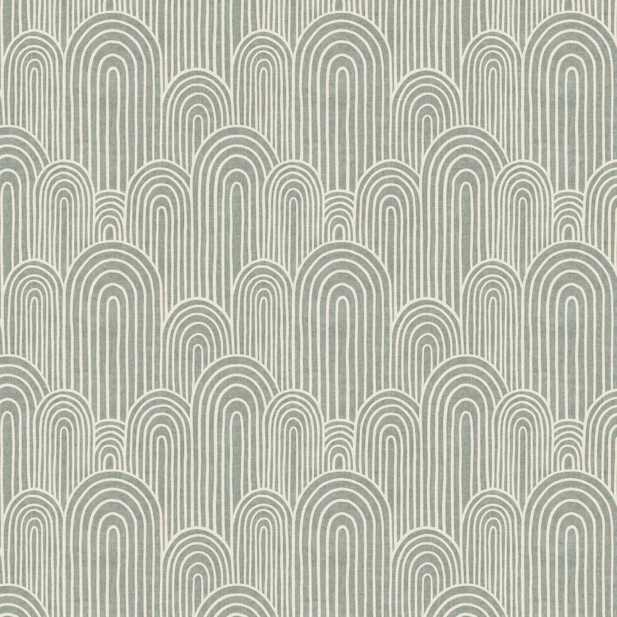 Arches wallpaper with hand-drawn arch outlines in muted green and cream.