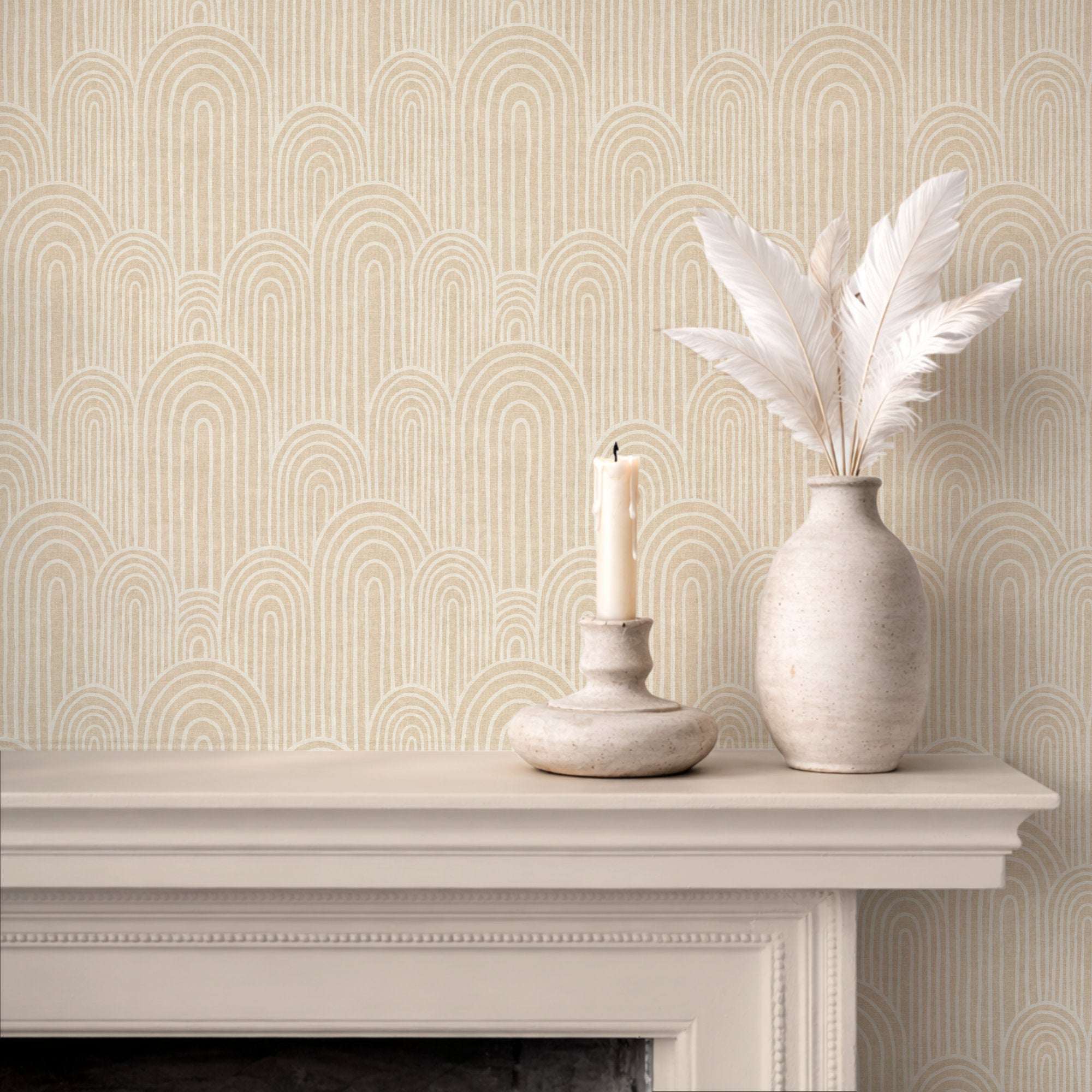 Arches wallpaper on a wall with repeating arch outlines in light beige and pale green.