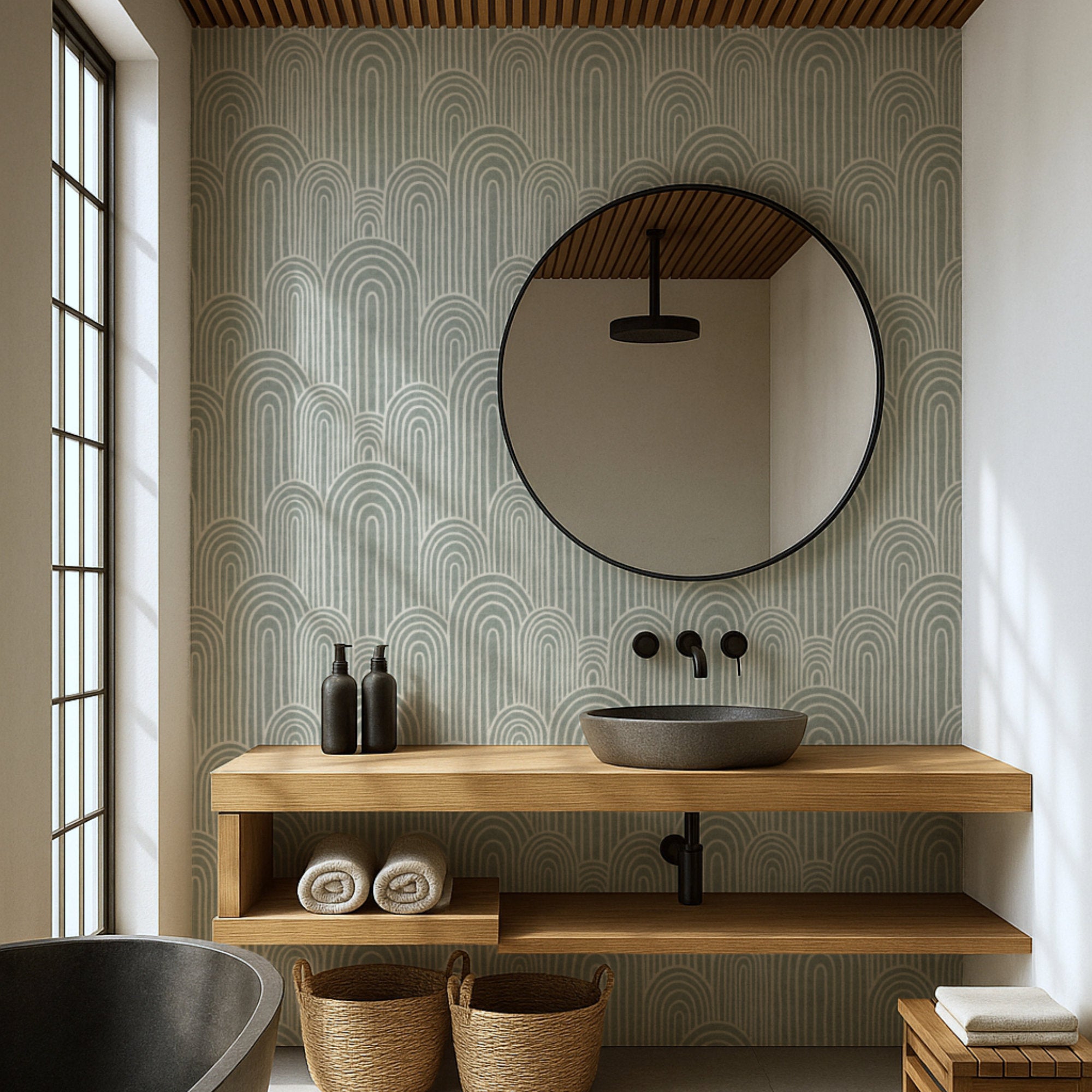light sage green scandinavian arches wallpaper in a bathroom behind a mirror and sink.