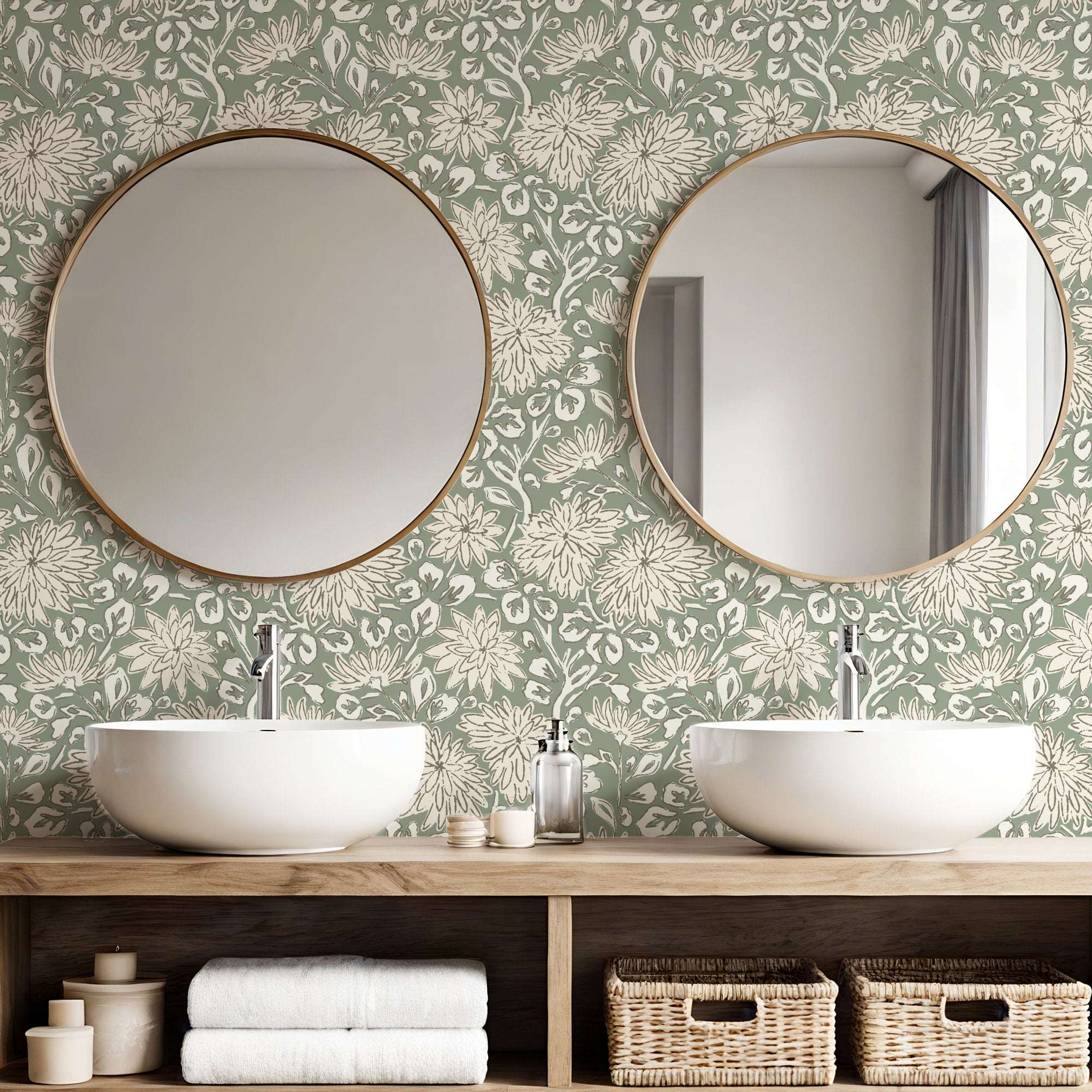 Green sketchy floral wallpaper with white dahlias and botanical linework on light ground