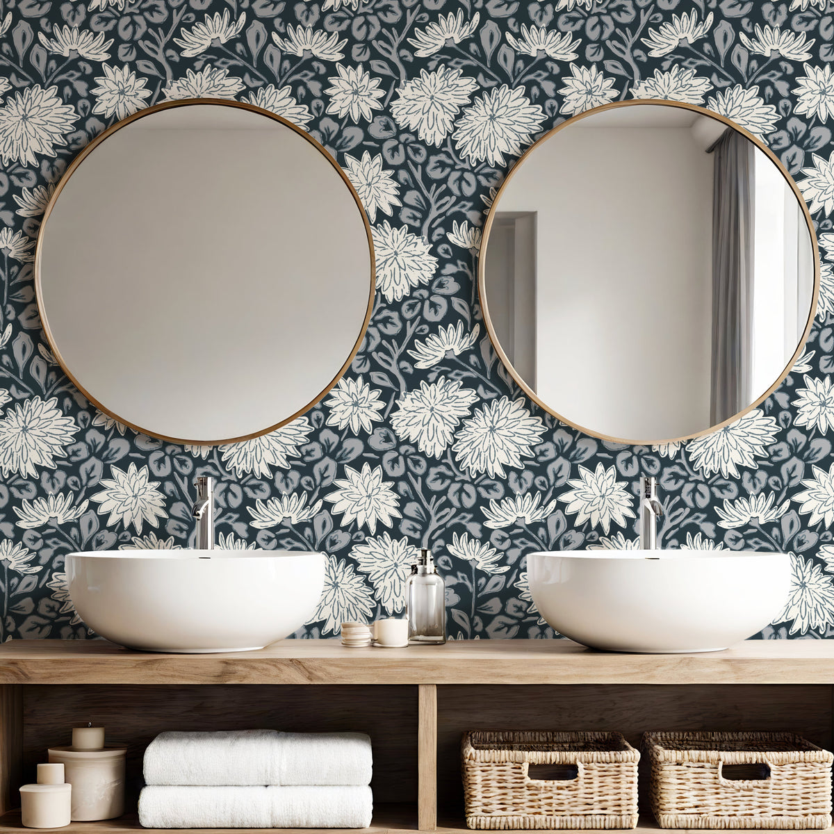 Dark floral wallpaper in Navy Blue in bathroom with twin basins and mirrors
