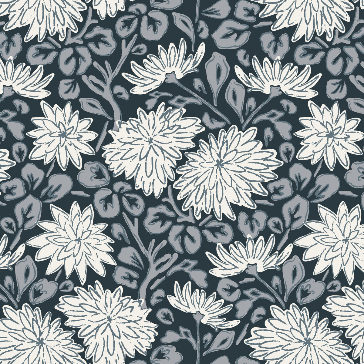 Sketchy dahlia floral wallpaper pattern detail in Navy Blue close up