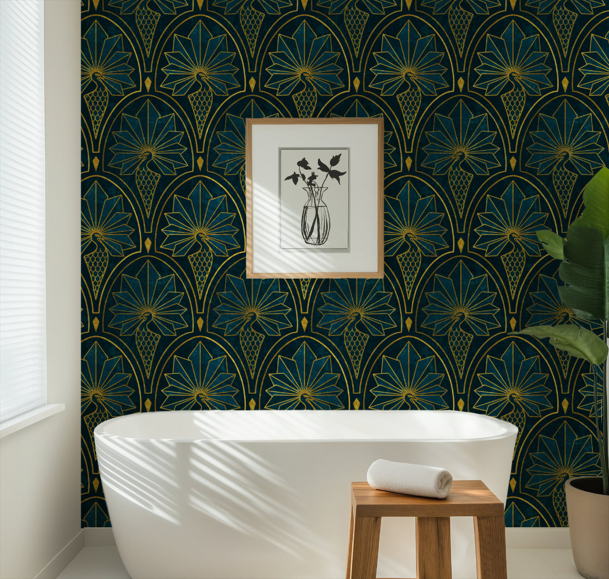 Art Deco Peacock Wallpaper: Gold Metallic Design for Glamorous Gatsby Style Statement Walls