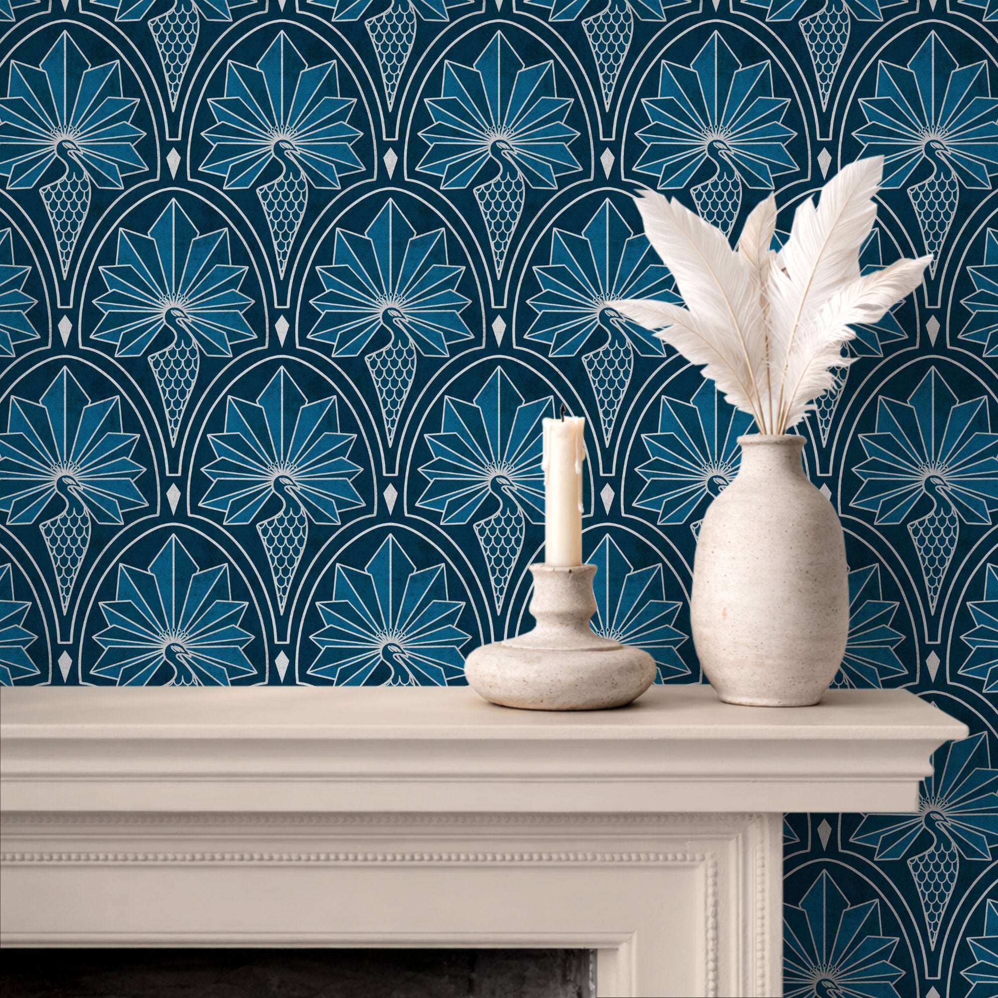 Art Deco wallpaper with peacock feather and fan motifs on teal background with silver patterning.
