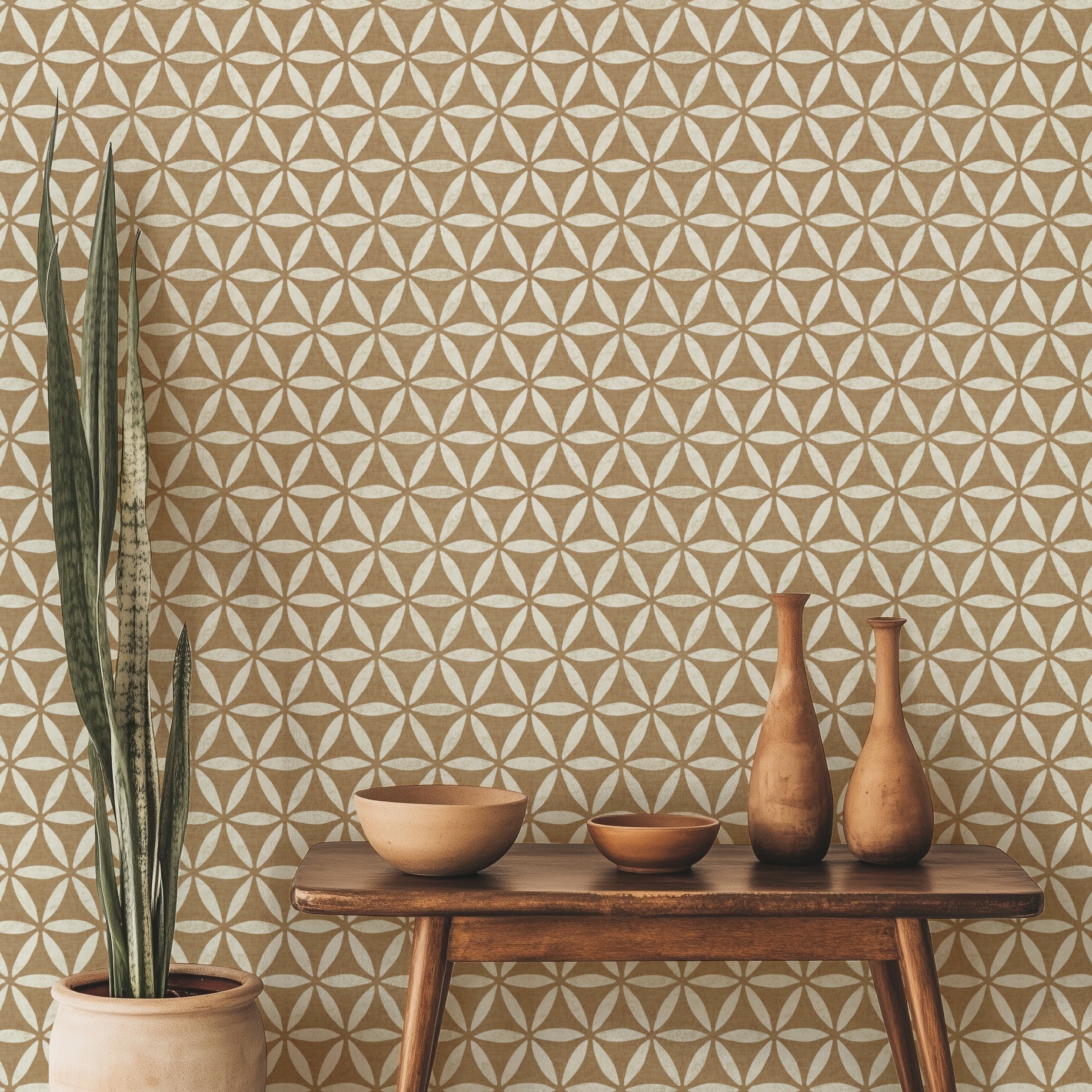 Golden brown geometric wallpaper with flower of life design in a contemporary living room with pottery decor