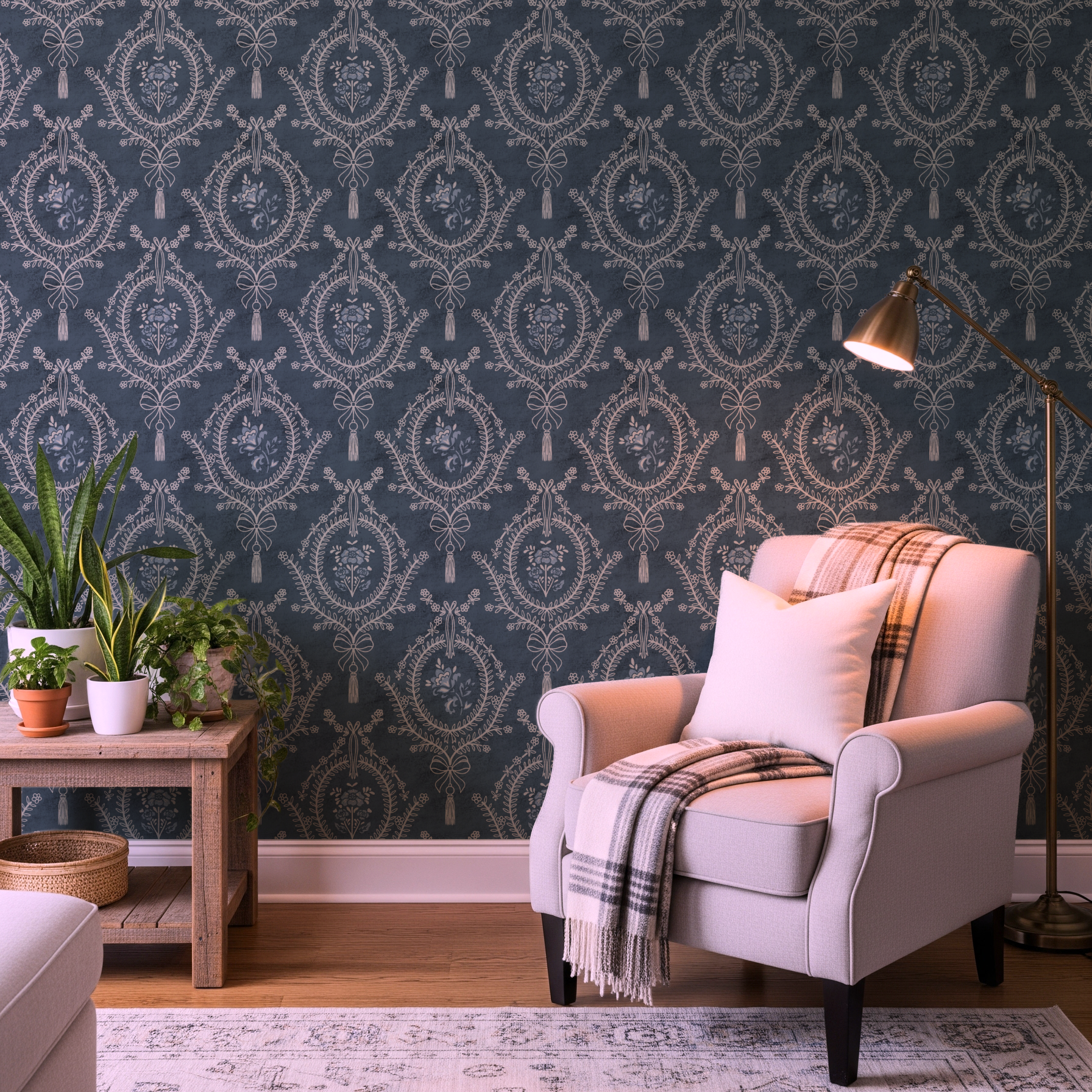 Teal Damask Wallpaper – ornate neoclassical wallpaper adding vintage elegance to a cosy reading nook with armchair.