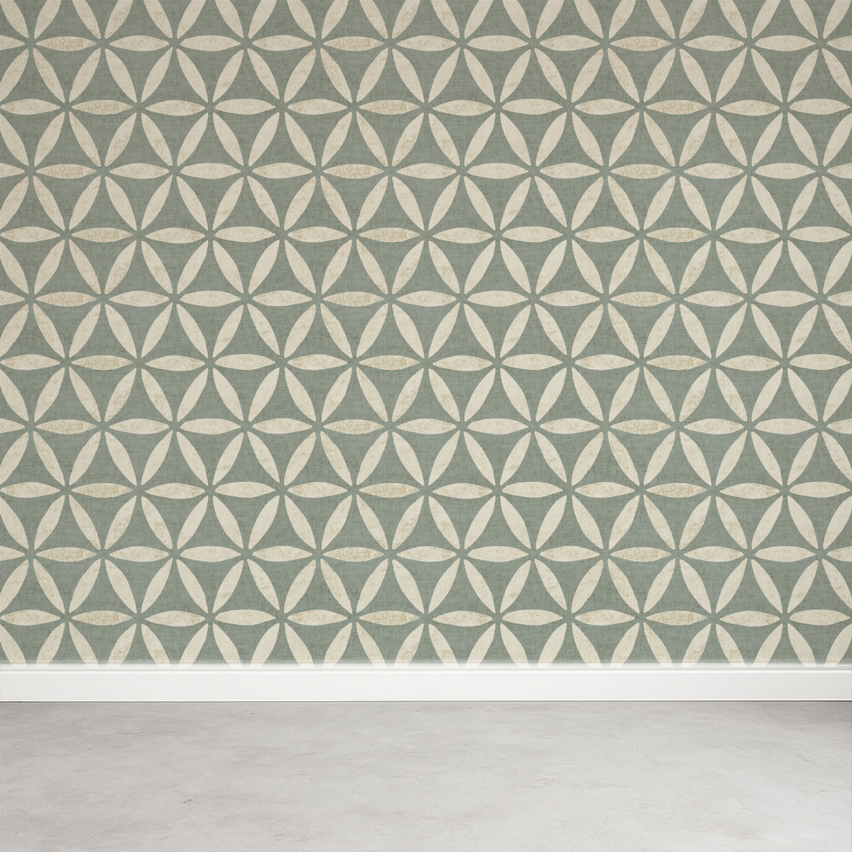 Green geometric wallpaper with classic flower of life circles on a feature wall
