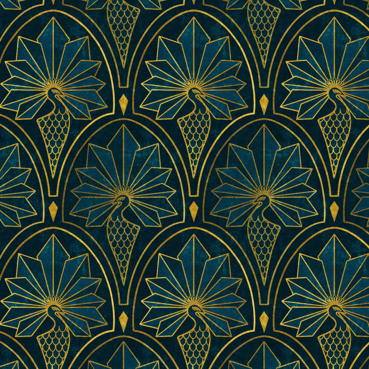 Art Deco Peacock Wallpaper is A repeating Art Deco style pattern featuring stylized peacock feathers and birds in gold lines over a deep teal and black background.