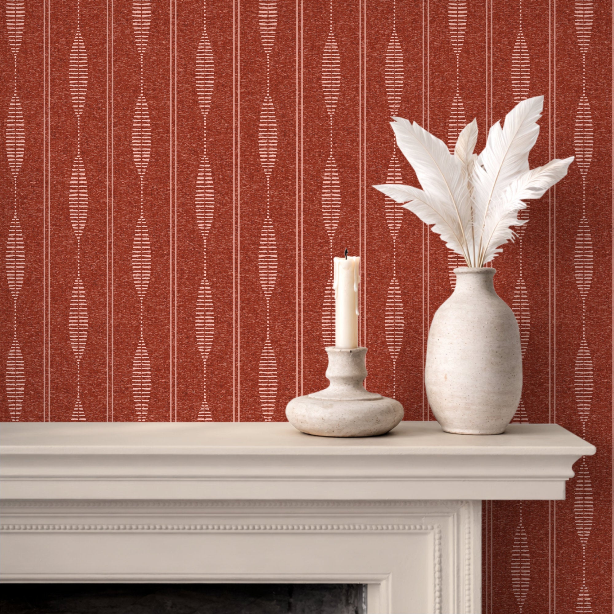 Terracotta red linen stripe wallpaper behind a fireplace mantel, warm boho folk stripe