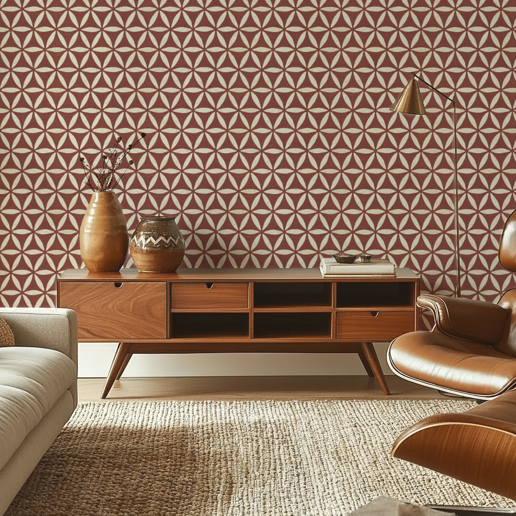 Terracotta geometric wallpaper with flower of life pattern in a mid-century style living room