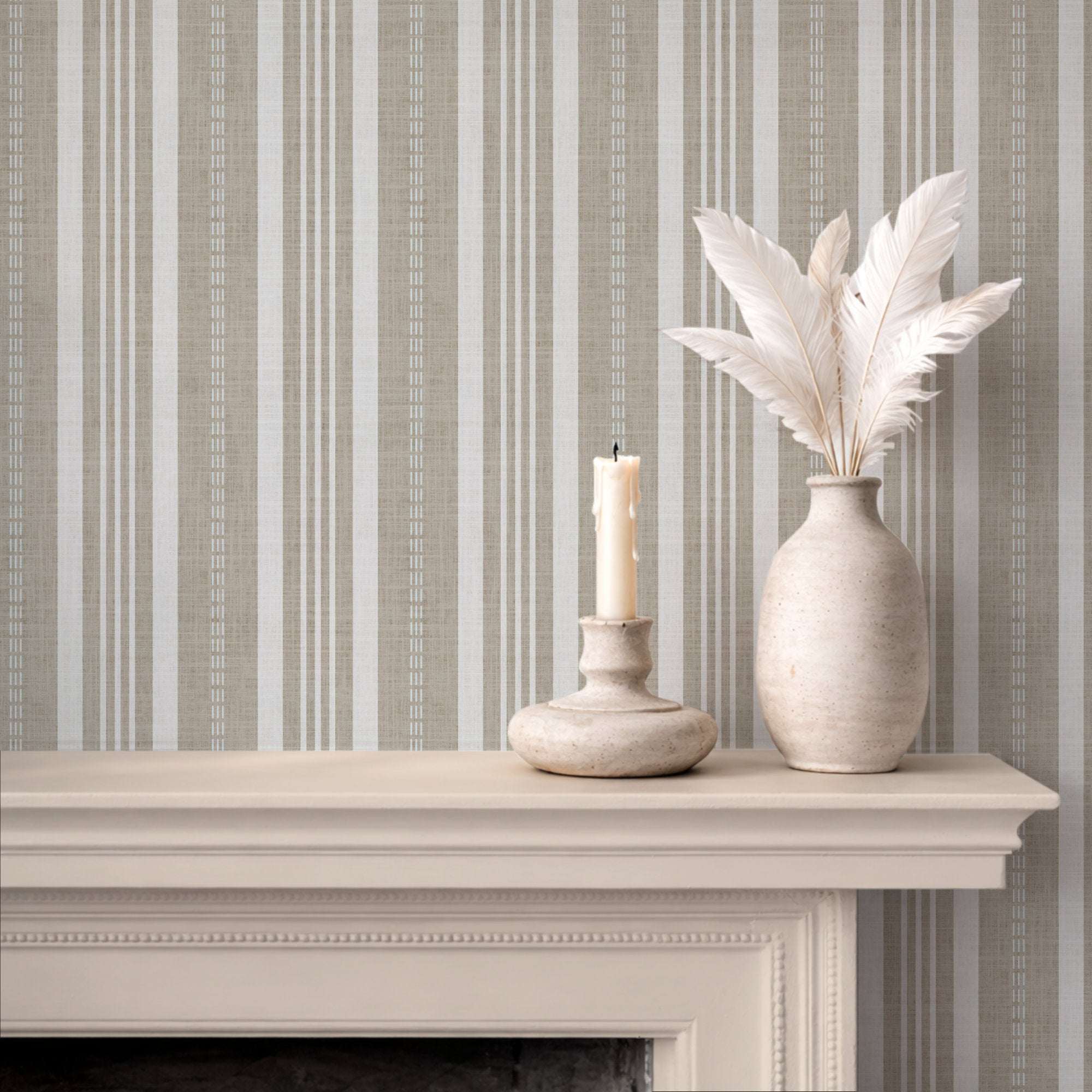 Vertical ticking stripe wallpaper in sage green and cream with dotted stripe details