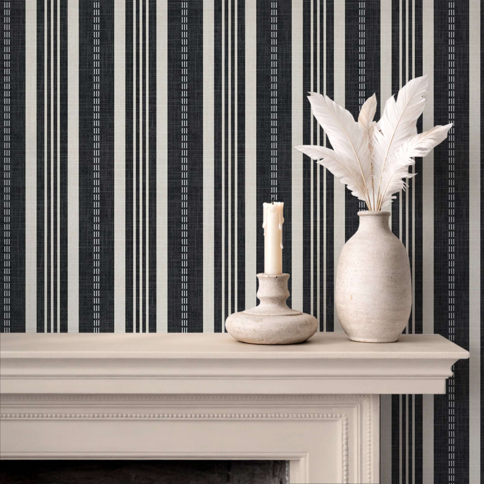 Vertical ticking stripe wallpaper pattern in dark blue and cream with narrow white lines and dots