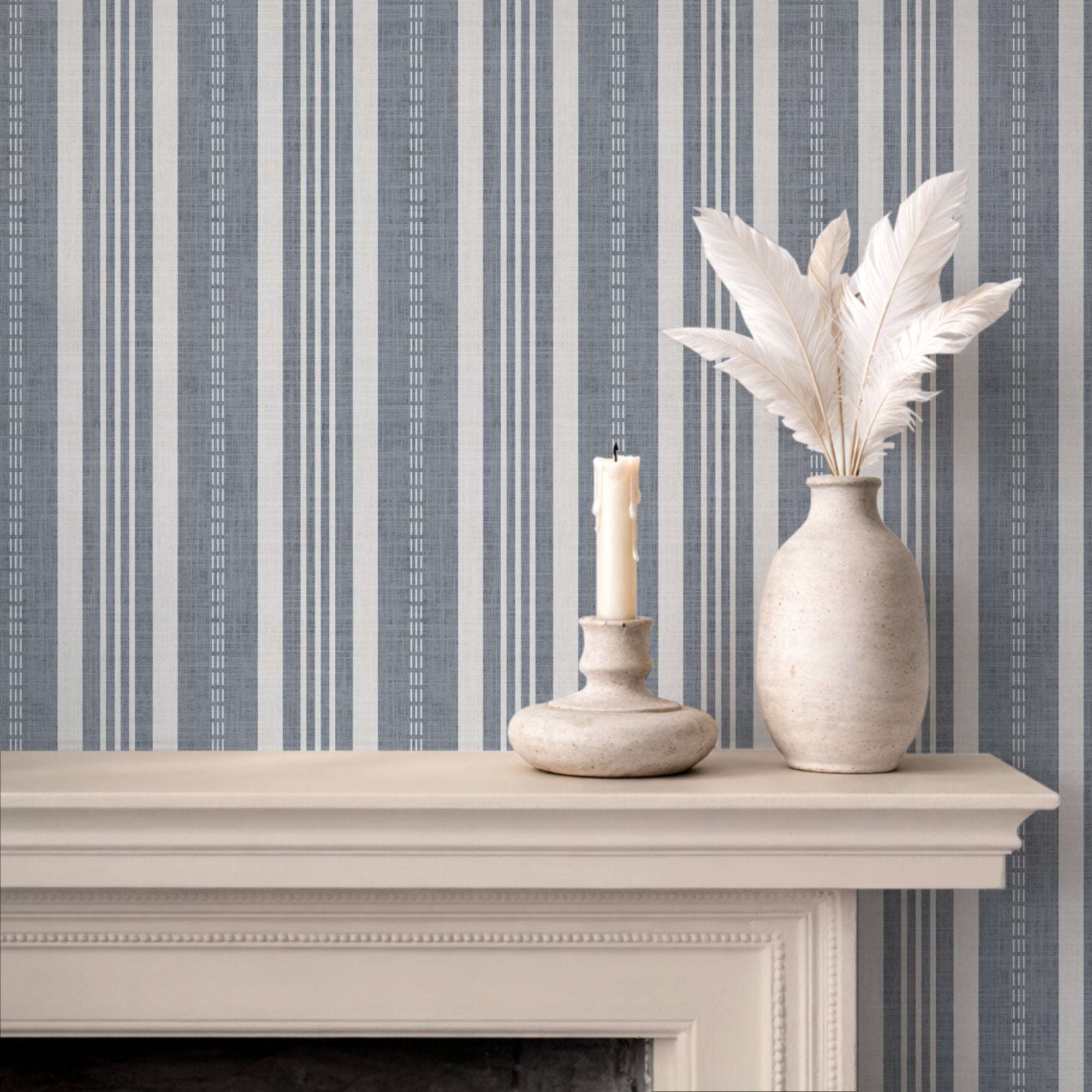 Vertical ticking stripe wallpaper in cool gray-blue and cream with dotted accents and stripes