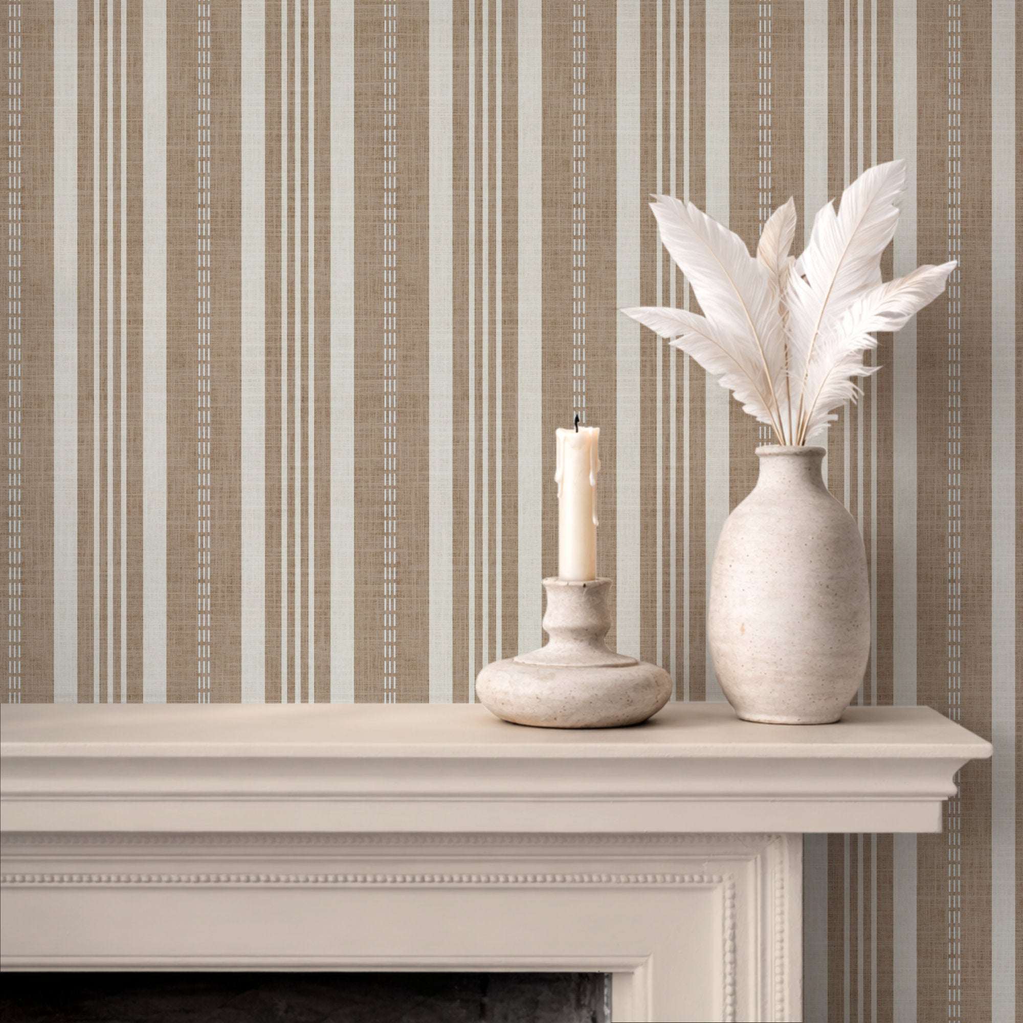 Vertical ticking stripe wallpaper with warm tan, cream, and slim white lines plus dotted details