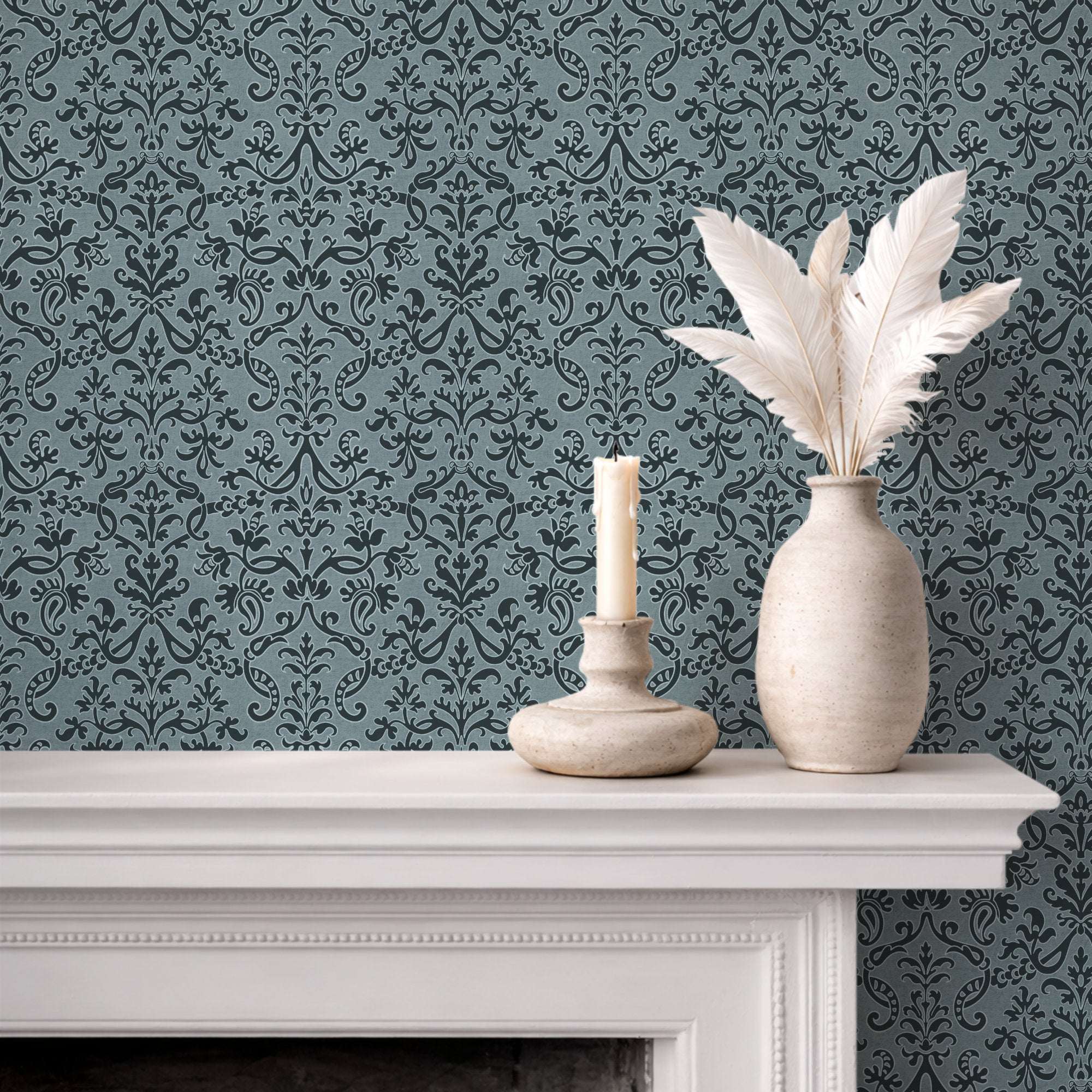Floral damask wallpaper in blue with repeating vintage ornamental scroll pattern