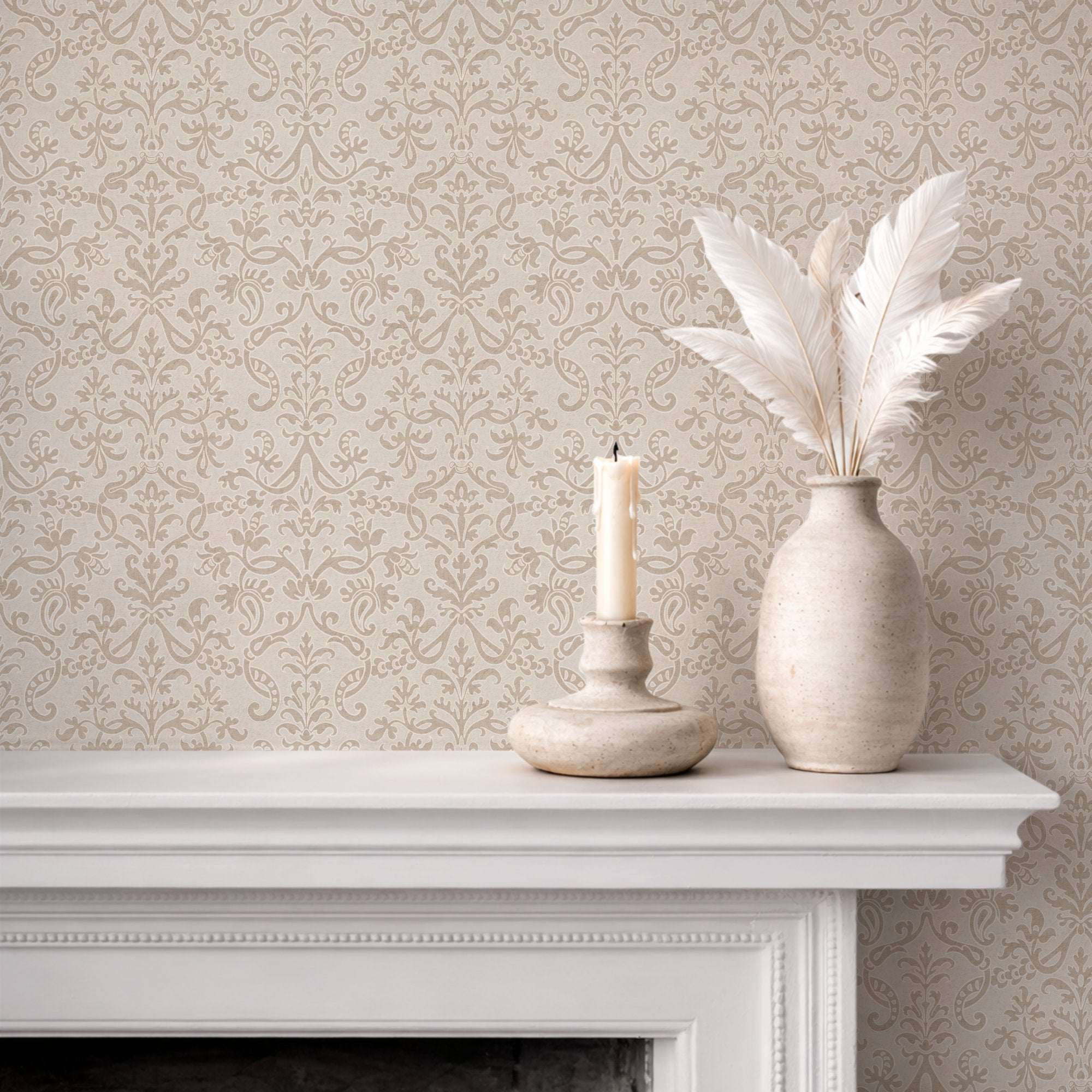 Floral damask wallpaper in light tan with repeating vintage ornamental scrollwork
