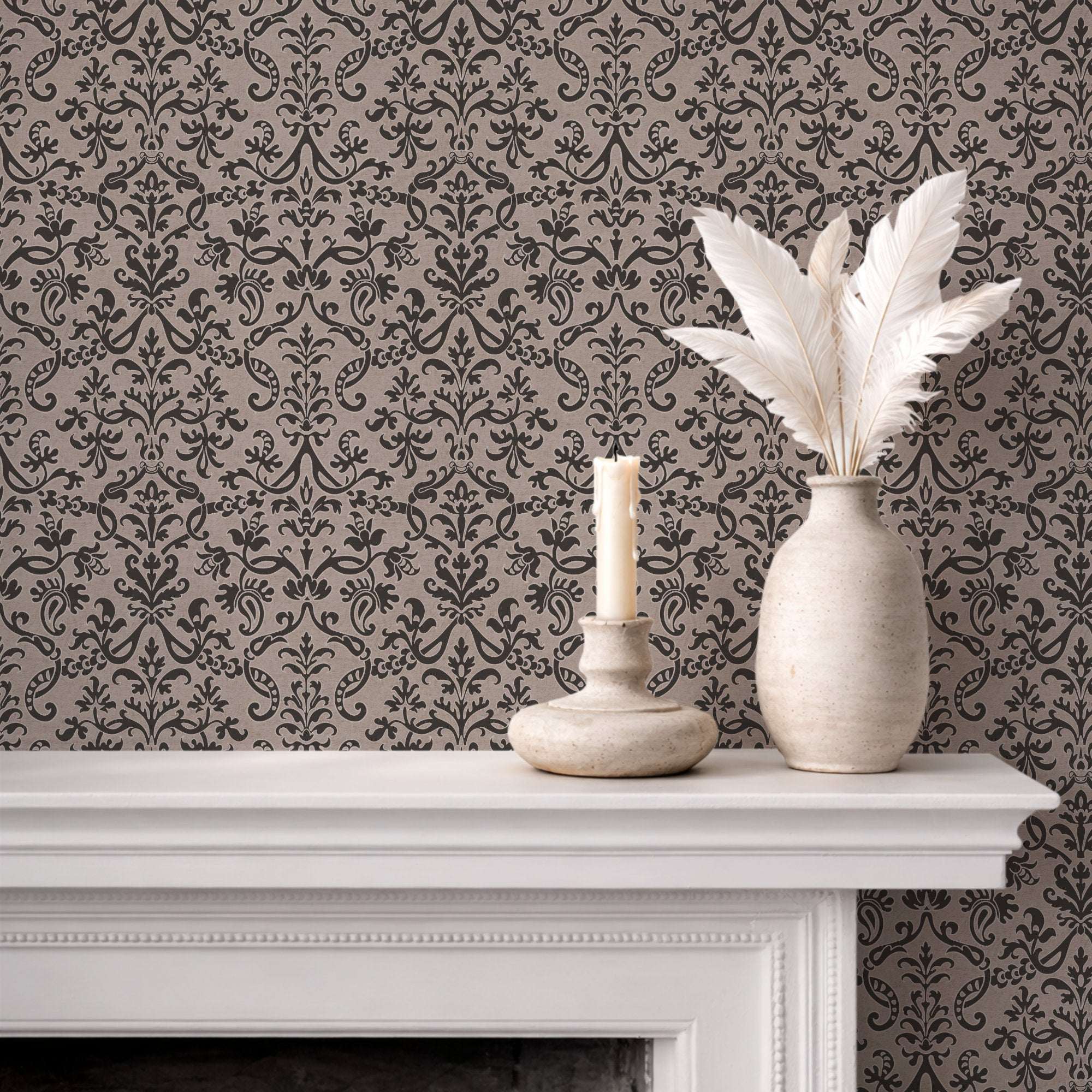 Floral damask wallpaper in charcoal brown with repeating ornamental scrollwork