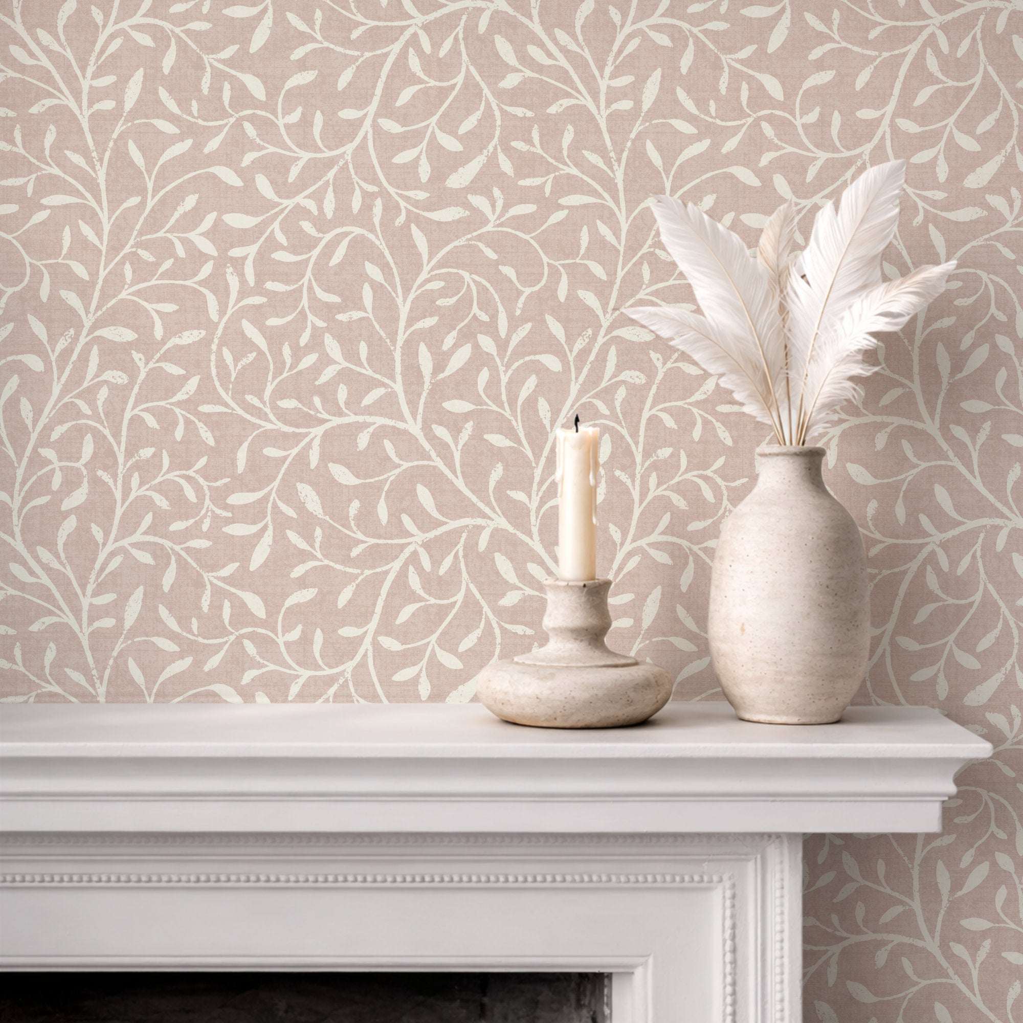 Botanical leaf silhouette wallpaper with white vine pattern on dusty pink background