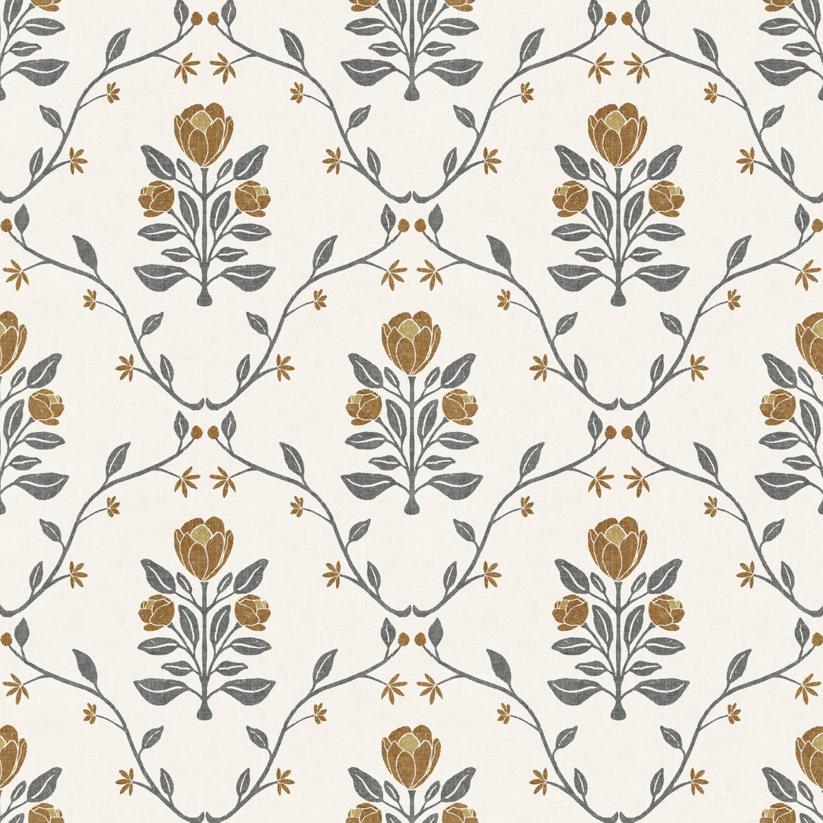 Vintage tulip wallpaper pattern detail in Yellow with dusty blue trellis on cream ground